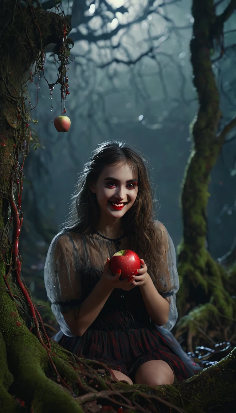 Close-up of an extremely beautiful girl, with a divine face, cradling a blood-red, dripping, mossy and refreshing apple, floating in a dark, misty forest. The girl is surrounded by twisted tree roots, her eyes shining, holy, smiling. Cinematic light, high detail, 8k, artstation, conceptual art, dark fantasy. Photo taken with Canon EOS R5 85mm f/11 Camera, ((sharp)) mode of people and surrounding scenery. Image quality ((8K)), ((lifelike)), ((masterpiece)), ((sharp and highest contrast)), ((great depth of field)), ((light stereolithography)). ((The photo depicts the girl eating the divine apple and becoming an extremely beautiful goddess who rules the forest))