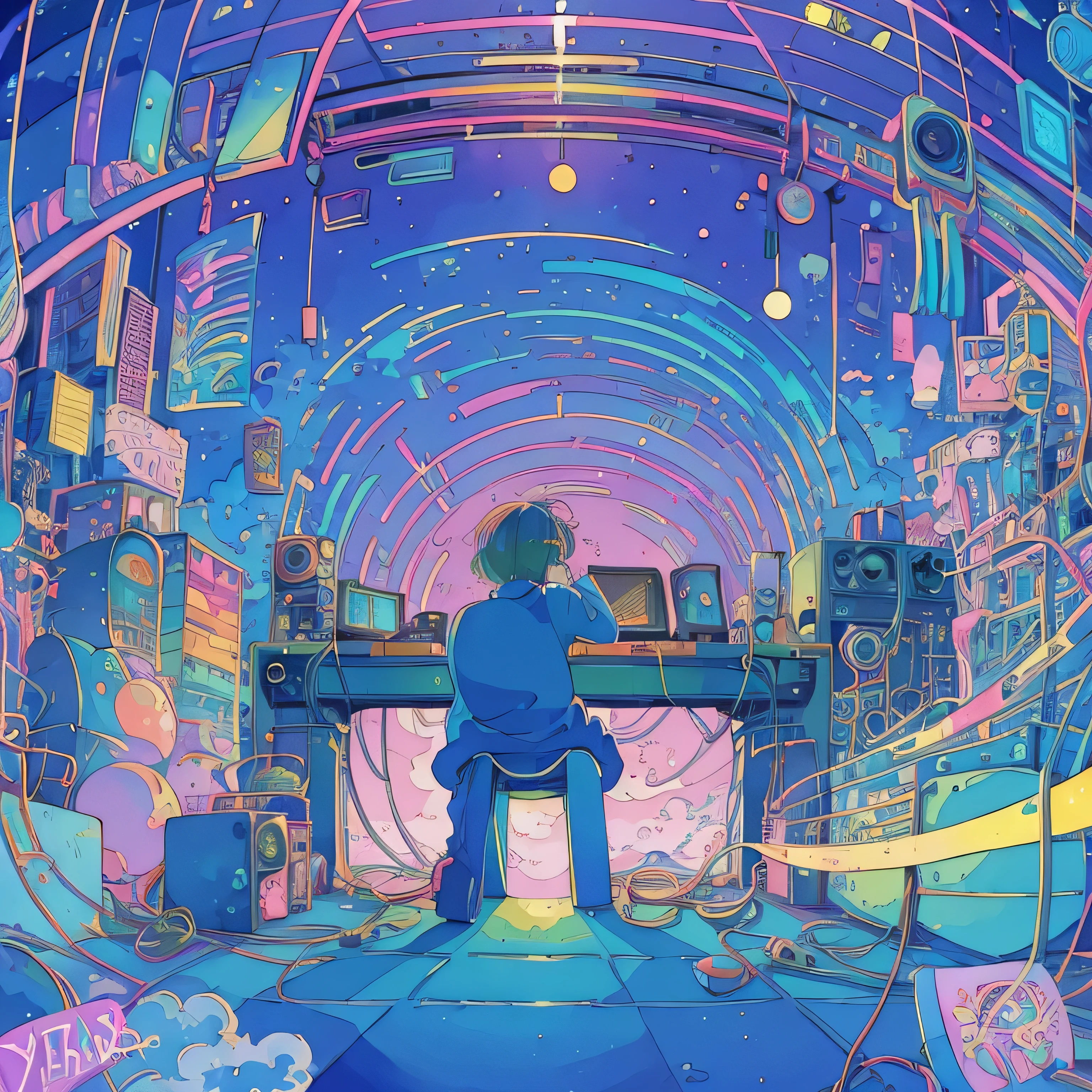 (zero), Highest quality,Pixiv, Fairytale Style, Track Maker, room, speaker, colorful, Music Production, Boy working on computer, From above, Beautiful Face, Your face is reflected, absorption, energy, bright, Night Light, Analog Color Theme, Lo-fi hip hop , retrospective, flat, 2.5D ,Line art, Digital ink drawing, Big incline, watercolor, Col Gouche, Studio Ghibli style, amazing colors, Out turn, Synthwave, Arte zero,90s Style,Old Texture, amplitude,90s vibe, Master Parts,