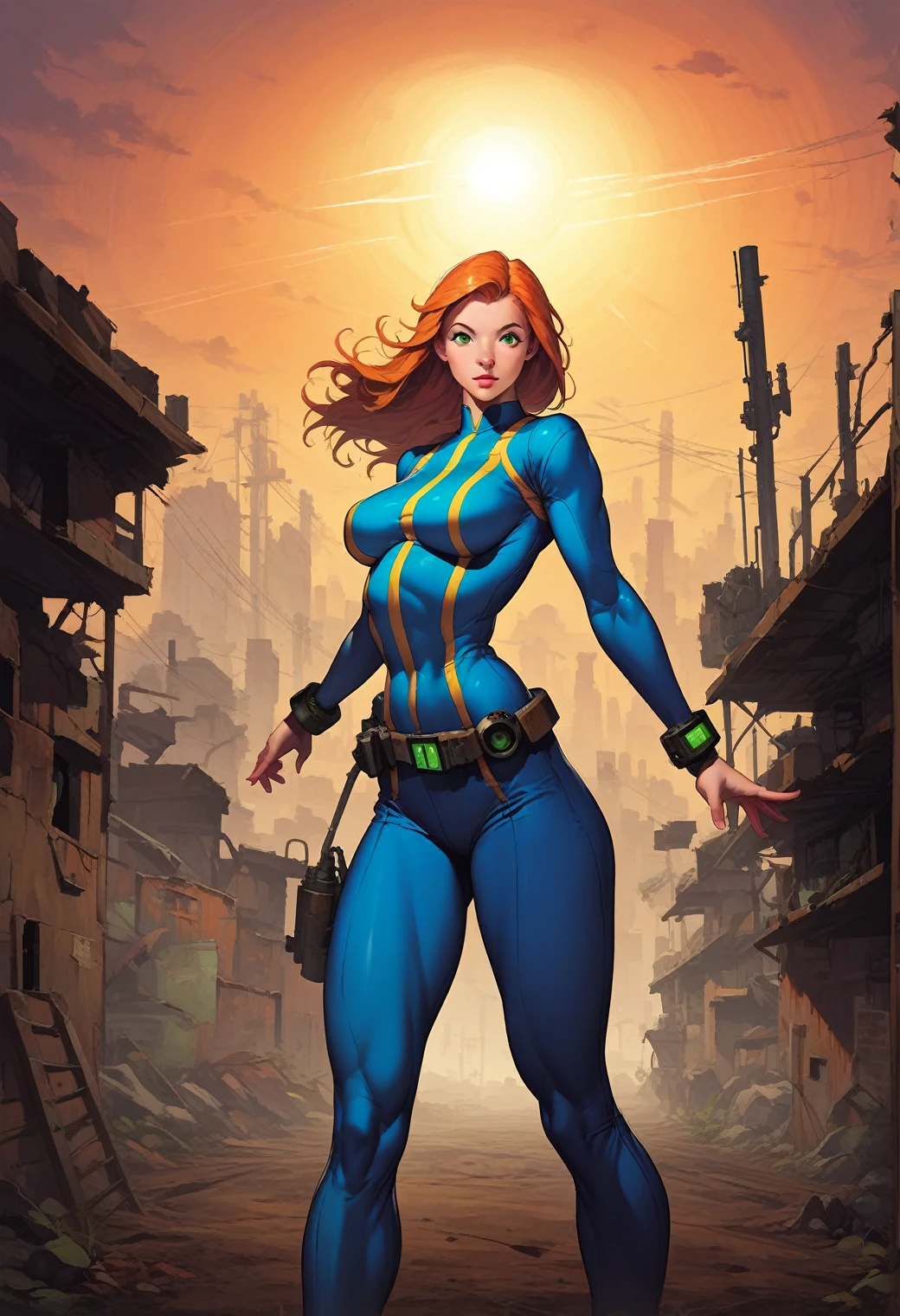 score_9, score_8_up, score_7_up, score_6_up, explore, 1girl, solo, woman, mature_female, muscular, green eyes, sam \(totally spies\), orange hair, long hair, fallout vault suit, blue and yellow, (big bracelet with square screen on 1wrist), deserted town, western, outdoors, realistic, sunlight, vibrant colors, masterpiece, action lines, hard_surface, feral, femme fatale,
1960s \(style\), classic ad, fallout, fallout4, fallout_new_vegas, fallout3, fallout76, 