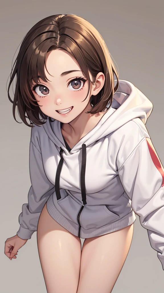 (((masterpiece, best quality, ultra highres, 1 girl, solo, no background))), super detailed skin and face and eyes and finger, young delicate girl, cute girl, very cute japanese woman, small breasts:1.5, skinny, light brown hair, white background, very short pixie hair, cowboy shot, Generate with illustrations, Various expressions, Various poses, Please draw the entire character within the frame, ensuring that the head, arms, and legs are not cut off. The background should be simple, with the character positioned centrally, outline, anime, 2d, boyish, smile showing teeth, big clothes, baggy clothes, comfortable clothes, hoodie,