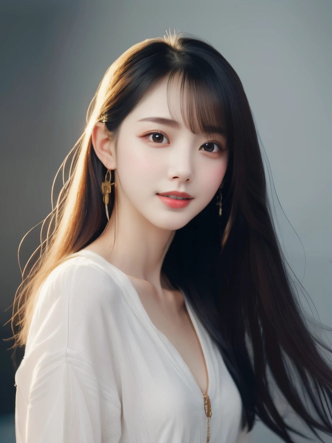 ((photorealistic:1.3)),((ultra detailed)),((sharp:1.5)),1woman,28yo, solo, black hair, long hair, original, realistic, looking at viewer, upper body, shirt, white shirt,lips, brown hair, parted lips, photo-referenced, real life, simple background, no makeup, pink lips, blue background, grey background, looking to the side, lipstick, dress,shadow, parted bangs.((8K)),((upper body)),((slender)),wearing w white blause