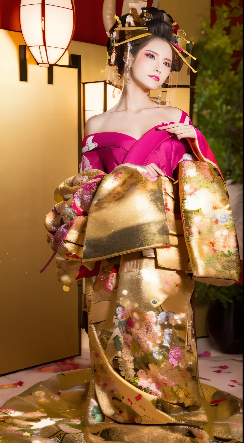 ((masterpiece(:1.4),Highest quality,Ultra-high resolution,Highest quality,8k,Extremely detailed,In detail))。night,Japanese,(A beautiful woman),glossy,slim,Large Breasts(1.6),sexy,glamorous,((Golden Ratio Style,Perfect Style)),Narrow waist,Flashy gal makeup,Japanese garden,Oiran,Prostitute,Sunny day outfit,Uchikake,Gold brocade,((A gorgeous kimono)),A cutting board belt tied in front,Hair tying,hairpin,hair ornaments,Gorgeous costumes,Beautiful standing posture,Presence,Exude sex appeal,looking at the camera,Show off your style,