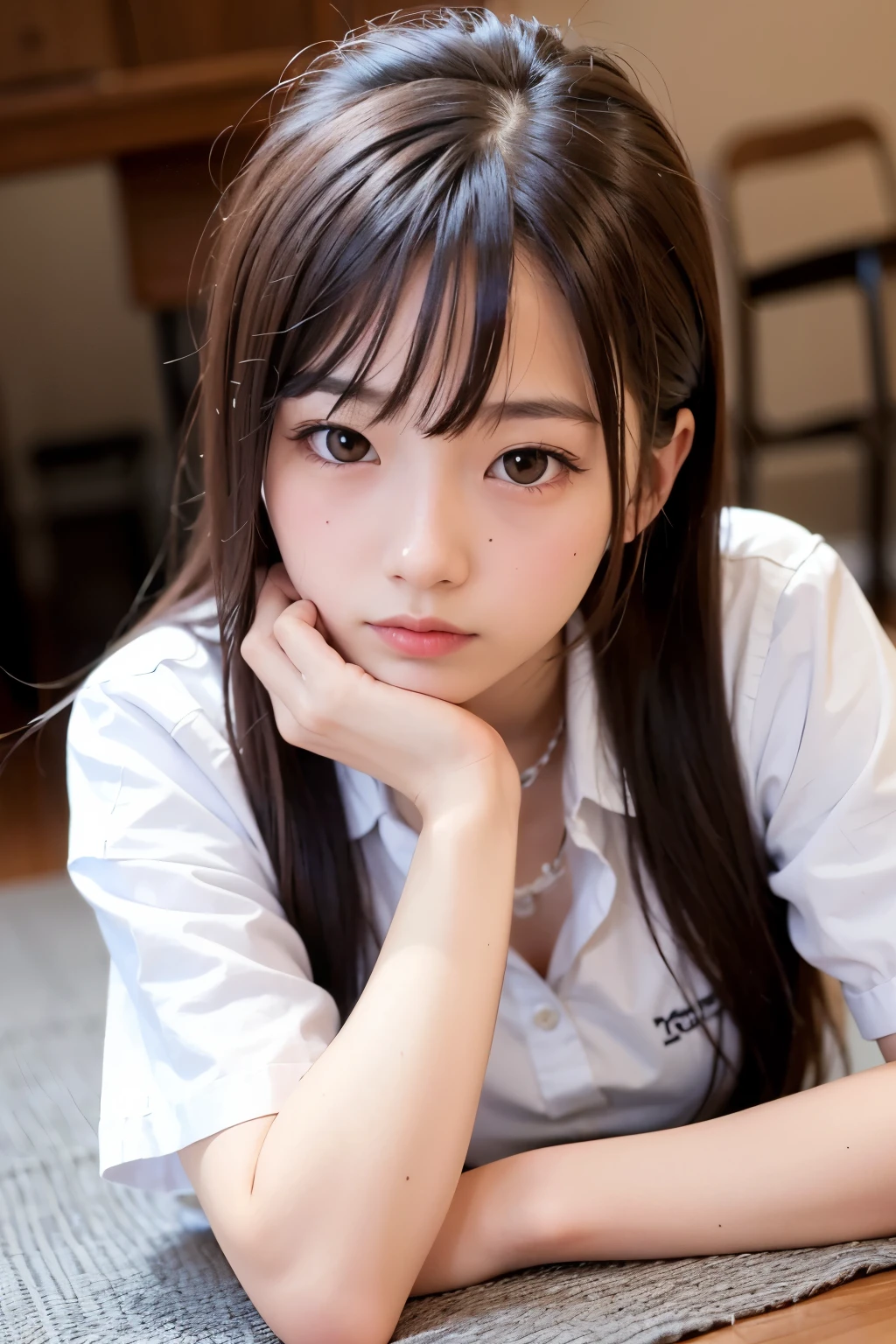Highest quality, masterpiece, 1 girl, 12~14 years old, Beautiful Face, Realistic, Soft lighting, Bokeh,Student Uniform,sexy,whole body ,Lying down