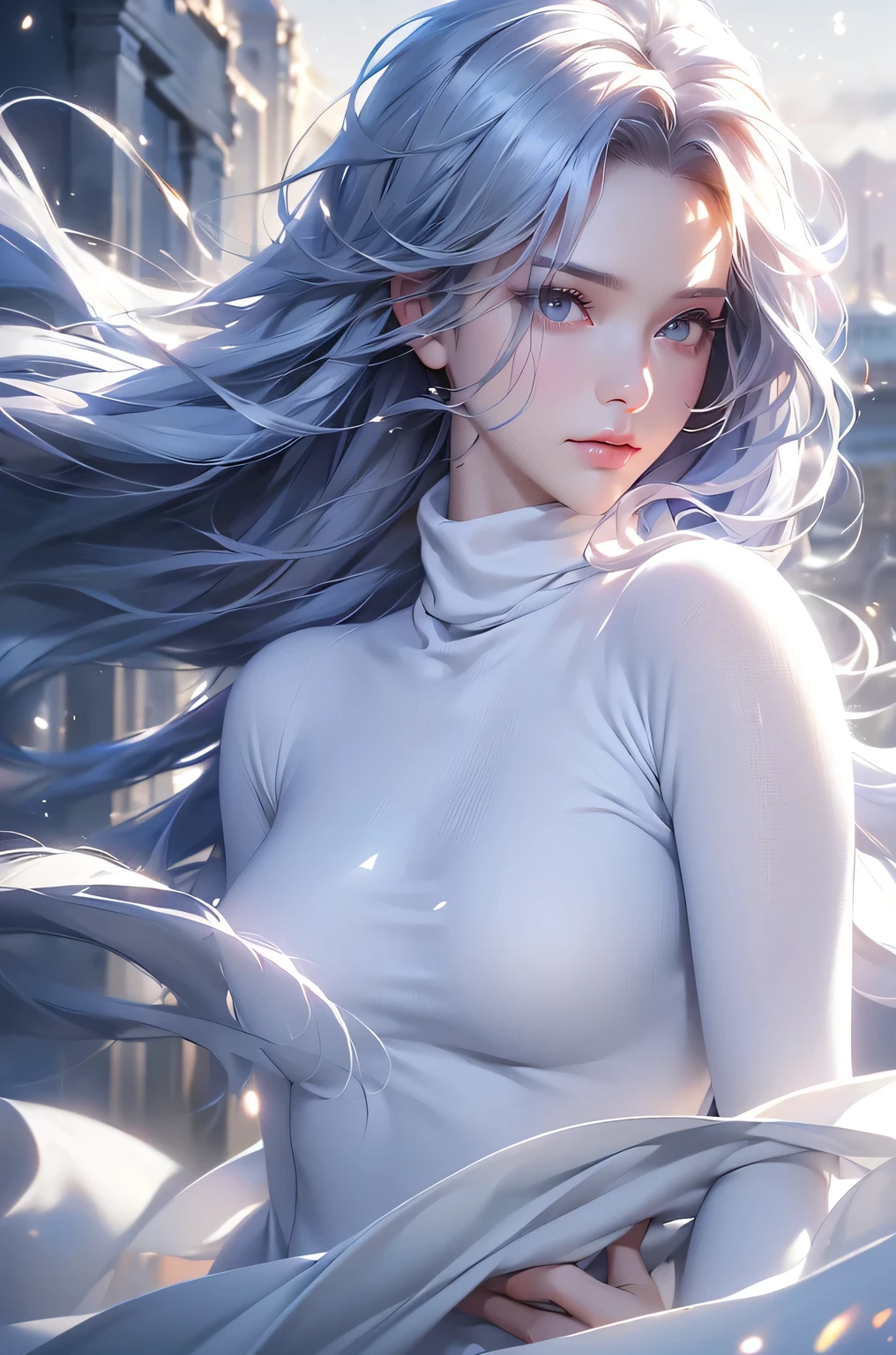 (Above the knees image)((masterpiece:1.5、8k、Portraiture、Photorealistic and very detailed CG、Very detailed、Particle Effects、Dynamic Effects、Written boundary depth、Cinematic Light、Lens flare、Ray Tracing、Tabletop、Realistic:1.4、Ultra-high resolution:1.2、Realistic、Realistic))((alone、Turtleneck dress,No sleeve、Woman in white fur coat:1.4、Exposed sideways breast doll-like pose、Detailed face、brightexpression、young, bright, Whiter skin、medium breasts:1.4、Best Looks、Ultimate beauty、Grey hair with shiny highlights:1.8、bright and shiny hair,、Arranged Hair、Hair dancing in the wind))(morning、In the background is a snowy hill overlooking the ruins...)