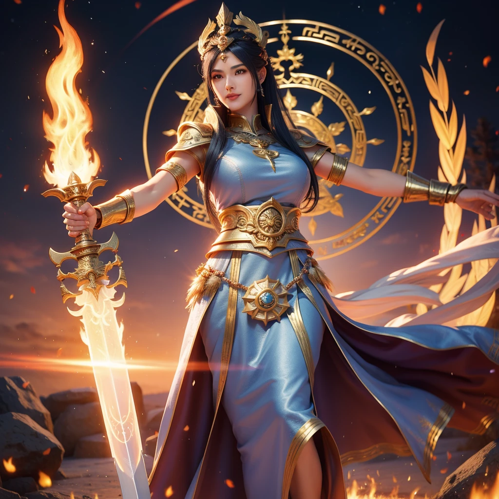 arafed female warrior with a sword and a fire, the god athena, pretty female cleric, unreal engine render + a goddess, female cleric, appears as the fire goddess, as a mystical valkyrie, greek goddess athena, the goddess artemis smirking, venus godness athena, hyperdetailed fantasy character, female character, full body xianxia, athena goddess of wisdom