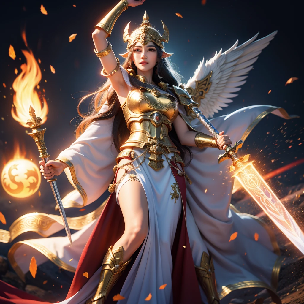 arafed female warrior with a sword and a fire, the god athena, pretty female cleric, unreal engine render + a goddess, female cleric, appears as the fire goddess, as a mystical valkyrie, greek goddess athena, the goddess artemis smirking, venus godness athena, hyperdetailed fantasy character, female character, full body xianxia, athena goddess of wisdom