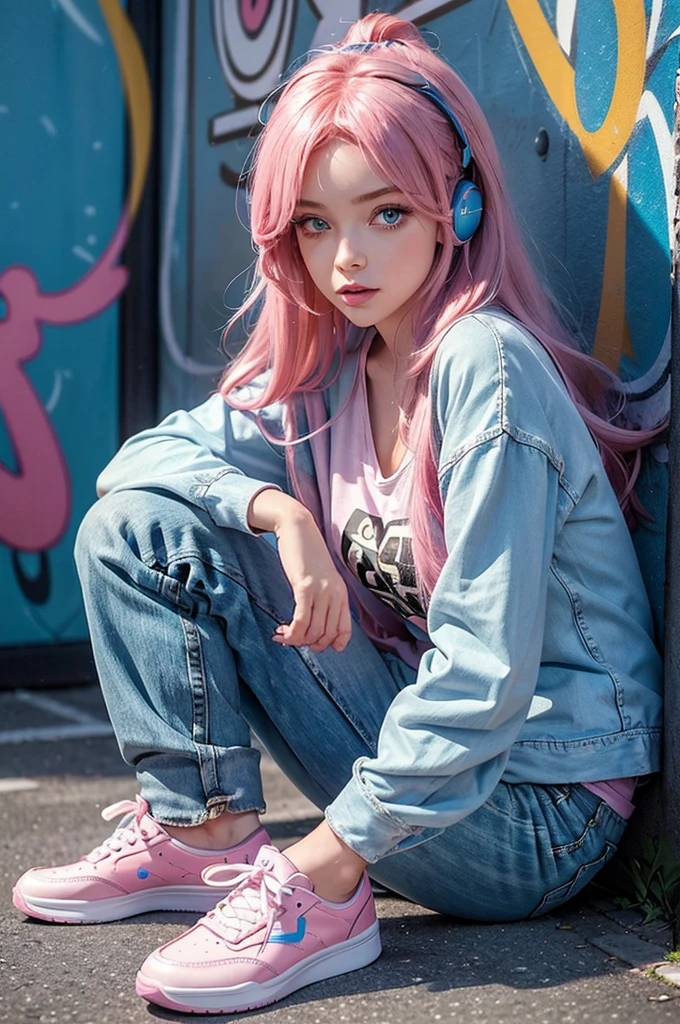A beautiful young woman with vibrant pink hair and striking blue eyes, 1girl, highly detailed face, beautiful detailed eyes, beautiful detailed lips, extremely detailed eyes and face, long eyelashes, cute style, Disney Pixar character, Anna, pink hair, blue eyes, wearing a casual yet stylish outfit: a graphic t-shirt, distressed denim jacket, jogger pants, and white sneakers, whimsical, colorful, soft lighting, cinematic, photorealistic, 8K, highest quality, seated leaning against a graffiti-covered wall in an alleyway,  with some beats by Dre headsets vibing to music.