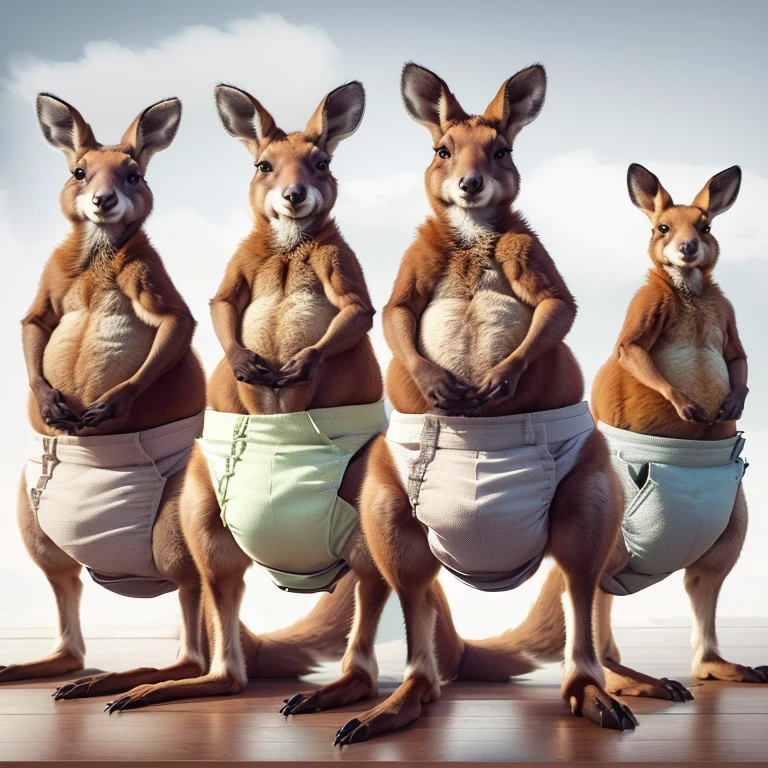 three kangaroos in diapers standing on a wooden floor, kangaroos, spy kangaroo, subject: kangaroo, subject : kangaroo, kangaroo, long necks, a hyper realistic, australian, australia, ultra realistic illustration, quadrupedal, digital art animal photo, zootopia style, 4 legs, realistic illustration, by Lee Loughridge, ultrarealistic illustration, hyperrealistic illustration