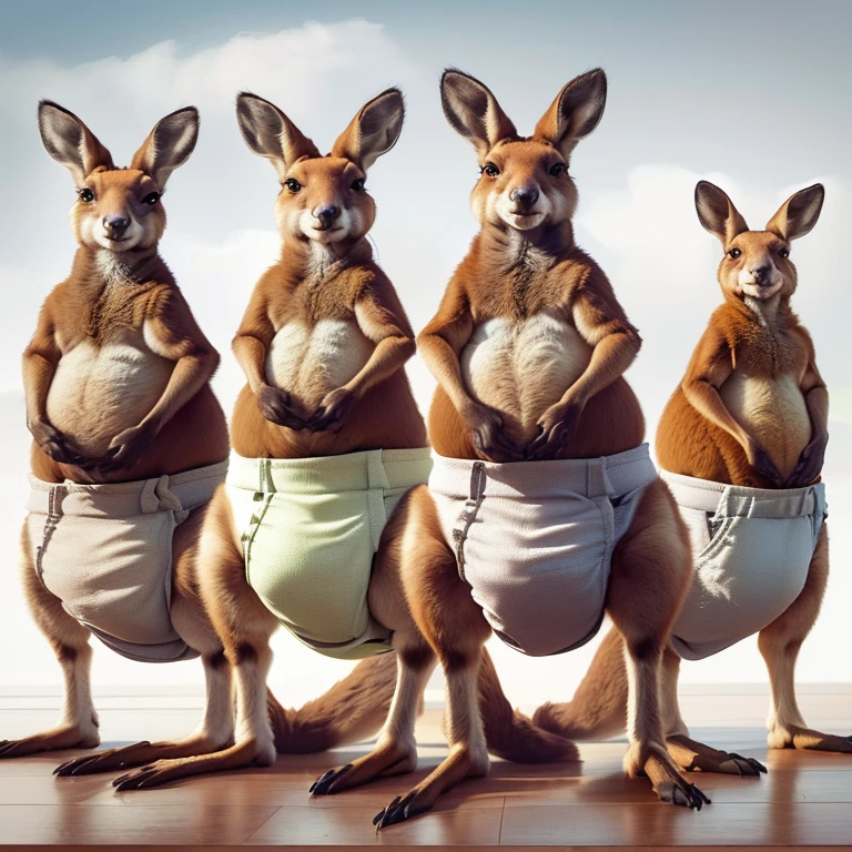 three kangaroos in diapers standing on a wooden floor, kangaroos, spy kangaroo, subject: kangaroo, subject : kangaroo, kangaroo, long necks, a hyper realistic, australian, australia, ultra realistic illustration, quadrupedal, digital art animal photo, zootopia style, 4 legs, realistic illustration, by Lee Loughridge, ultrarealistic illustration, hyperrealistic illustration