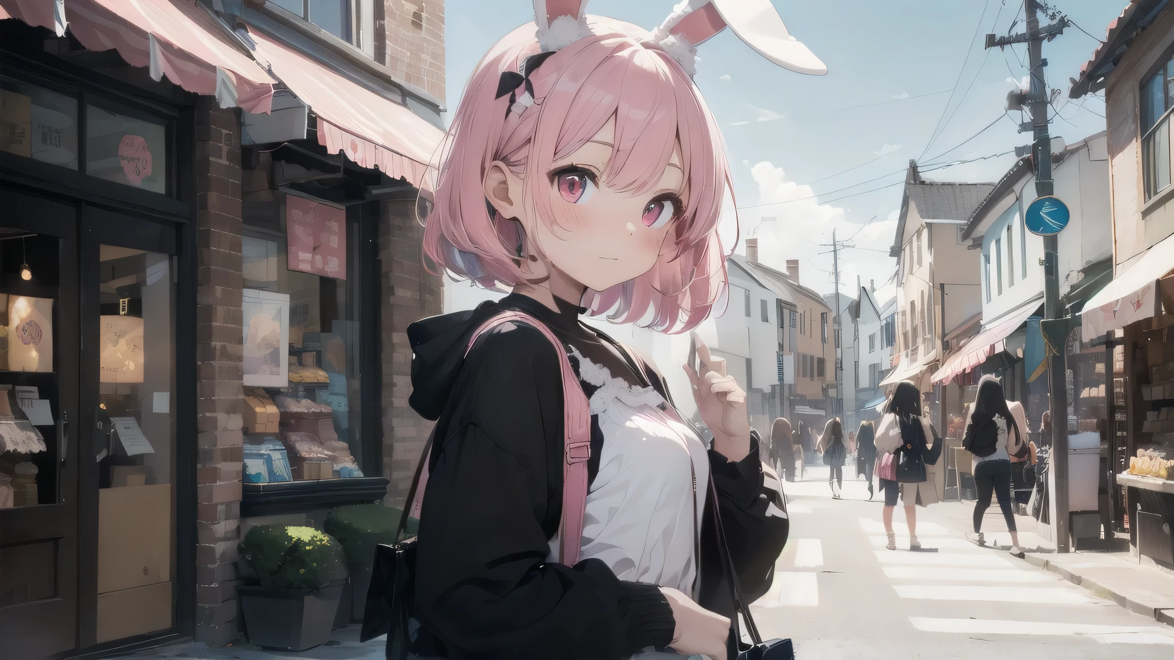 Highest quality, pretty girl, pastel colour, Fluffy bunny ears,Pink Hair,Pale pink eyes,shopping,Sunshine Pop