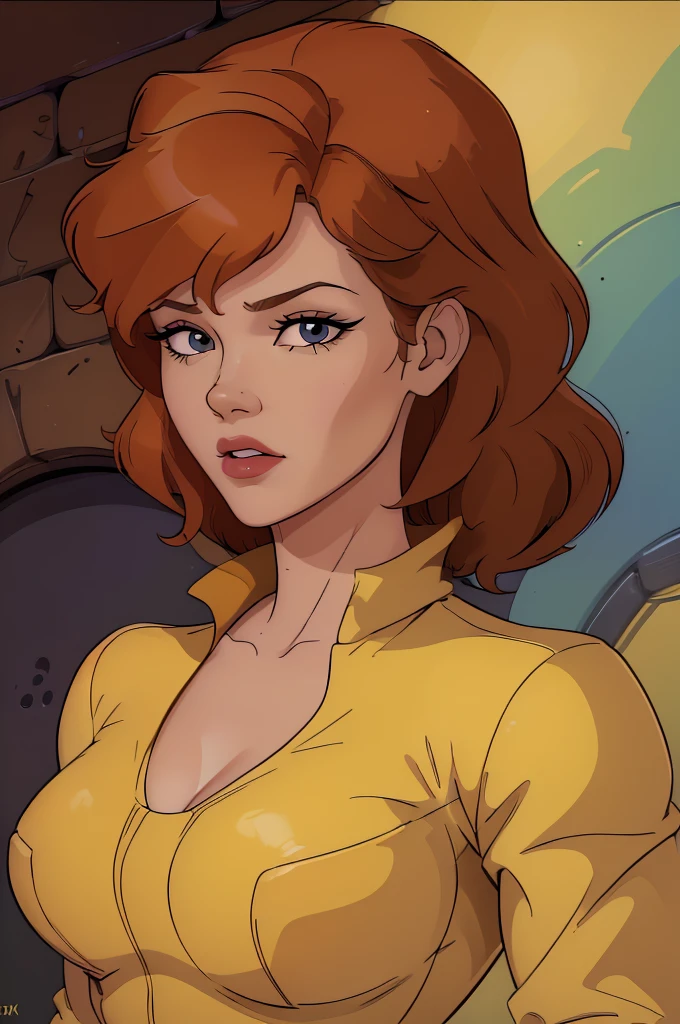 beautiful young woman, April O'Neil (beautiful detailed eyes), (beautiful detailed lips), (extremely detailed eye and face), (long eyelashes), red hair, (red lipgloss stick), (eyes browns), low-cut yellow jumpsuit, breasts big, turned body (Channel 6 News), (Classic TMNT cartoon from the 1980s), (best qualityer, 4K, 8k, A high resolution, work of art:1.2), ultra detaild, (realisitic, photorealisitic, photo-realisitic:1.37), (HDR), (ultra HD), (studio lighting), (very detailed description), (proffesional), (Ablaze colors), (hips), (portraits), (conceptual artists), (Ablaze, warm colours), (soft, diffuse lighting).erotism