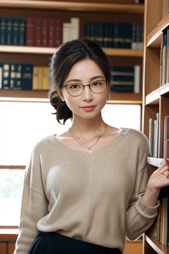   (8k, RAW photo, best quality, masterpiece), (photo realistic), outstanding details, ultra-high resolution, anatomically correct, textured skin, ((Extremely precise and accurate anatomy)),

A cute 28-year-old Japanese woman, librarian arranging books in the library, 

(fearless smile),  
(Downturned Eyes:1.2), (kind eyes:1.2) , kind Gaze, 
(low and small chignon:1.4), (Rimless round glasses), 

looking at viewer, 
pupils sparkling,  thin lips, Mouth slightly open, 
dark brown hair, Forehead, 
off-white simple summer sweater, simple cotton Light brown flared skirt, 
Earrings, Necklace, 

Full Shot, whole body, (height: 148cm), High heels Has two legs,Has two arms、Has two legs, You need two arms, 

(background Spacious library interior, bookshelves), 
(backlighting), 
reflection light from below, 
atmospheric perspective, depth of field, 
(dramatic lighting), cinematic lighting, 