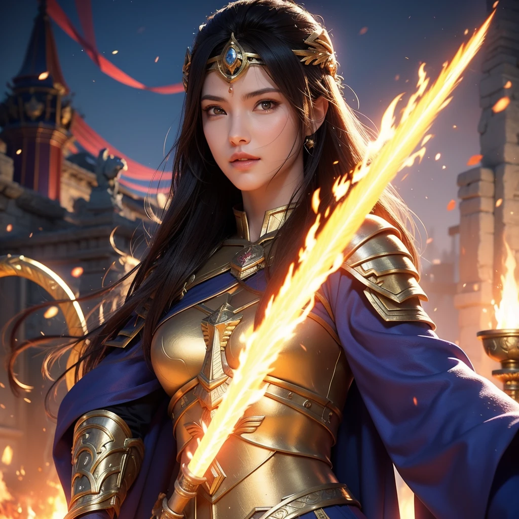 arafed female warrior with a sword and a fire, a character portrait by senior character artist, Artstation contest winner, fantasy art, the god athena, pretty female cleric, unreal engine render + a goddess, female cleric, appears as the fire goddess, as a mystical valkyrie, greek goddess athena, the goddess artemis smirking, venus godness athena