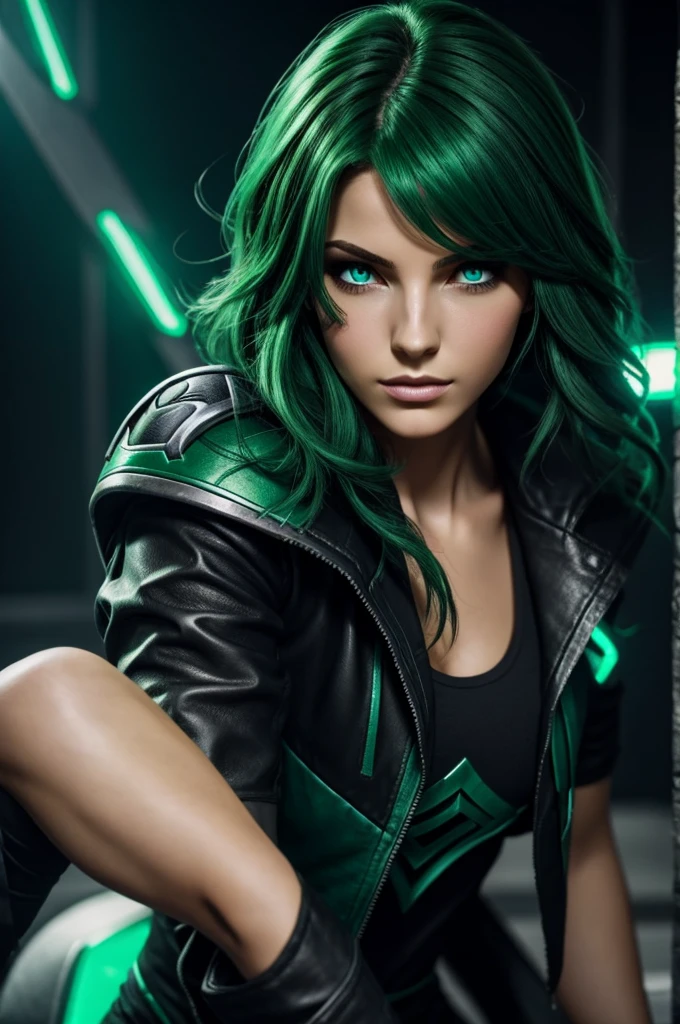 Femme aux cheveux noirs et yeux verts style league of legends regard sévère