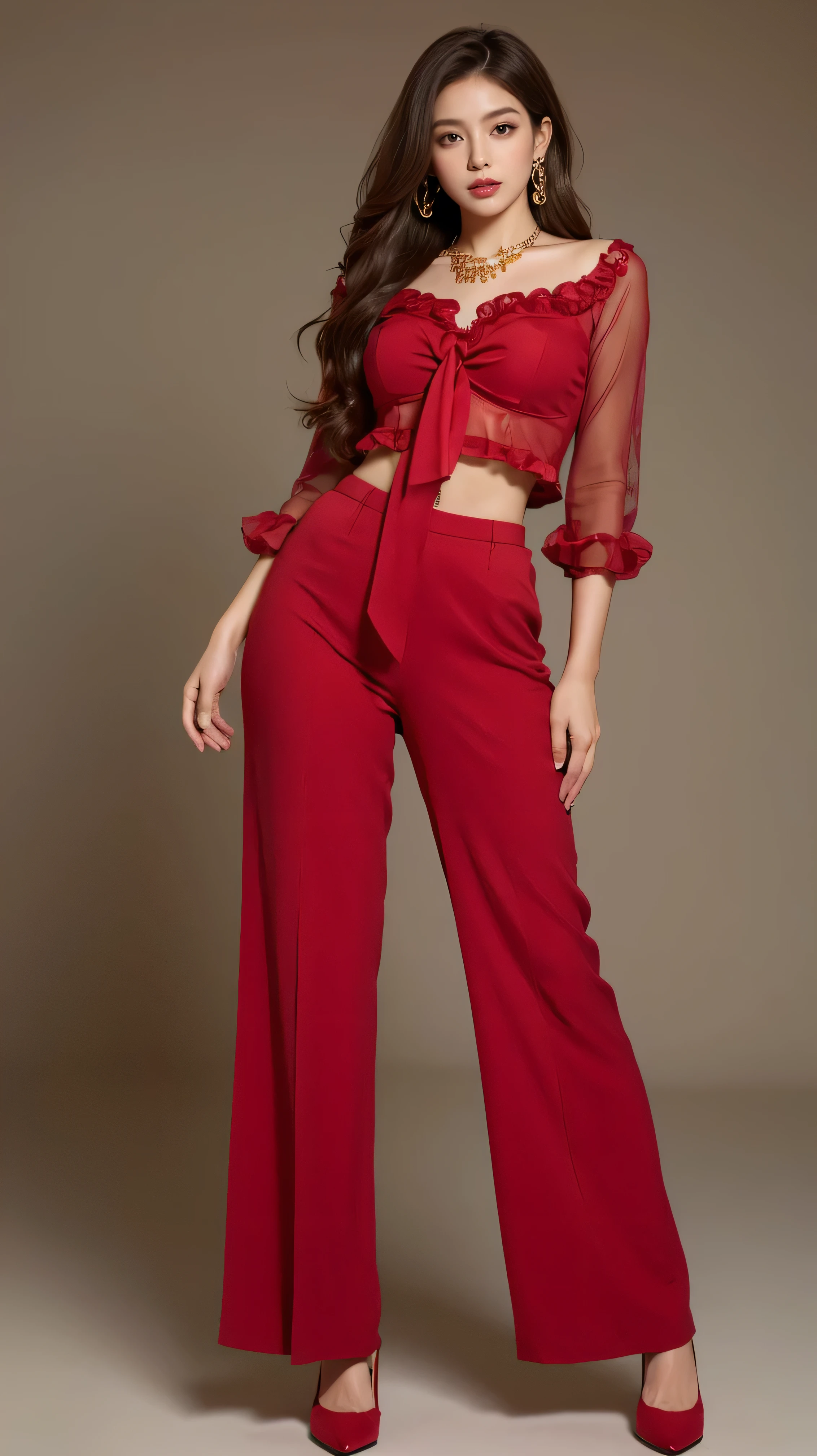 Highest quality,masterpiece,Ultra-high resolution,(Actual:1.4),Original photo,Ultra-high resolution，8k，There are women，Fair skin，Exquisite makeup，High heels，Long legs，Bright and beautiful woman、gold necklace＿Large earrings、Super long brown hair,Hair with loose waves inside,reaching down to the waist,wearing frilled red shirt with big ribbon tie ,red pants,red heels