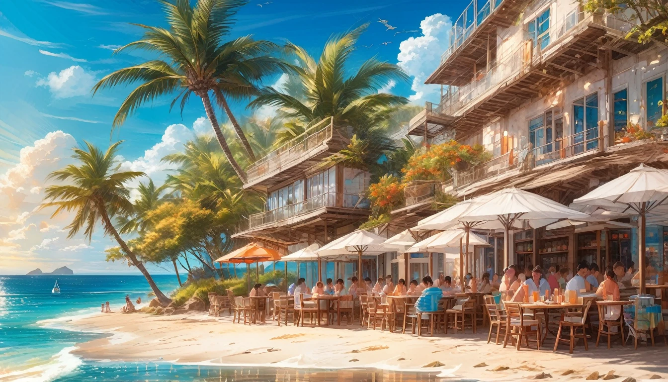 Blue Coast, Beautiful coastline overlooking the deep blue ocean, Sandy beaches and crashing waves, and palm trees swaying in the gentle breeze, Clear blue sky with fluffy white clouds, A sailing ship in the distance, The shining sun reflected on the water, shells scattered on the beach, Children building sandcastles, seagulls flying in the sky, A small beachside cafe serving refreshing drinks, Vivid and saturated colors, Soft and warm sunlight, Peaceful and calm atmosphere, tranquility and relaxation (Highest quality,Very detailed,High resolution,Professional:1.2),Coastal scenery,Realistic,Exquisite brushwork,Subtle texture and detail,Layers of vibrant colors,Highlight the beauty of the sea, Capture the essence of a summer beach day