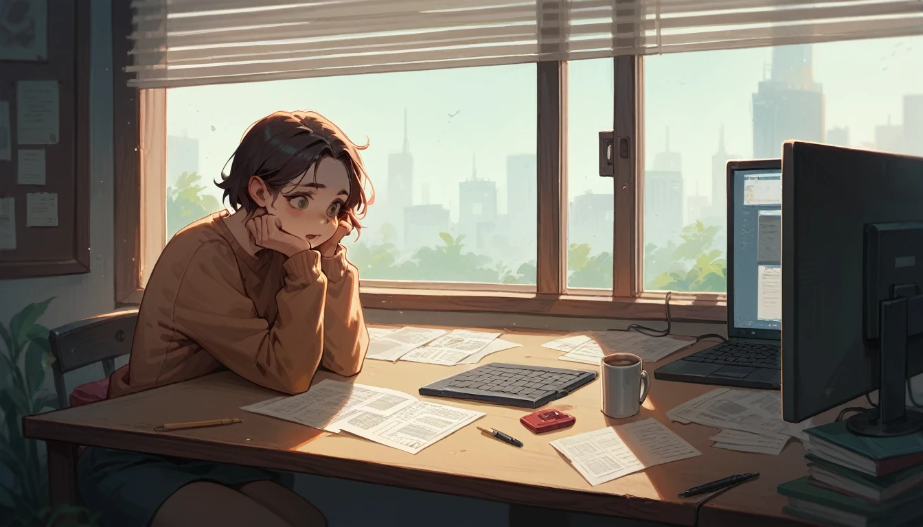 a girl in lofi style at a table with a computer facing a window studying, it&#39;s raining, It&#39;s 5 o&#39;clock in the morning, a mug of coffee next to the computer, she is wearing warm clothes in cold weather, socks and cold cap, a cute cat next to her while she studies, relaxing environment , yellow lights, calm and great environment for studying, calm and peaceful rain, lofi girl style, night ligthning, tons of cores with twilight, do Studio Ghibli