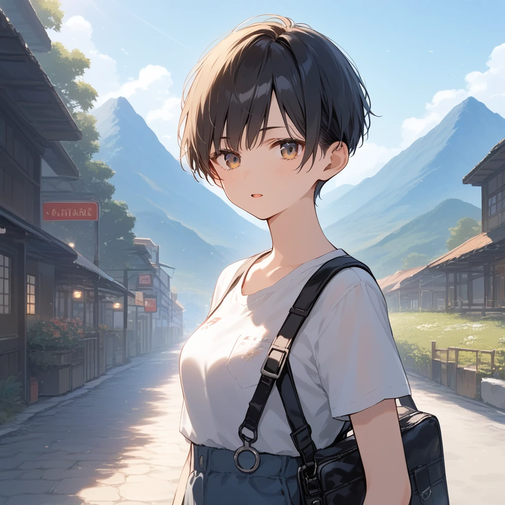 score_9, score_8_up, score_7_up, source_anime, best quality, masterpiece, official art, absurdres, highres, ultra-detailed,waifu2x,Collection: Slice of Life,break,1girl, tomboy, very short hair, pixie cut, breasts, groin, beautiful detailed eyes, expressionless, traveling outfit, open mouth, outdoors, mountain, break,(clear line illustration:1.2), super detailed skin,very high resolution, very aesthetic, Best sexual lighting powered by famous artist, 8k,cute picture,beauty illustration,photoshop_(medium),,(Detailed Lighting),best anime 8k konachan wallpaper, pixiv contest winner, 