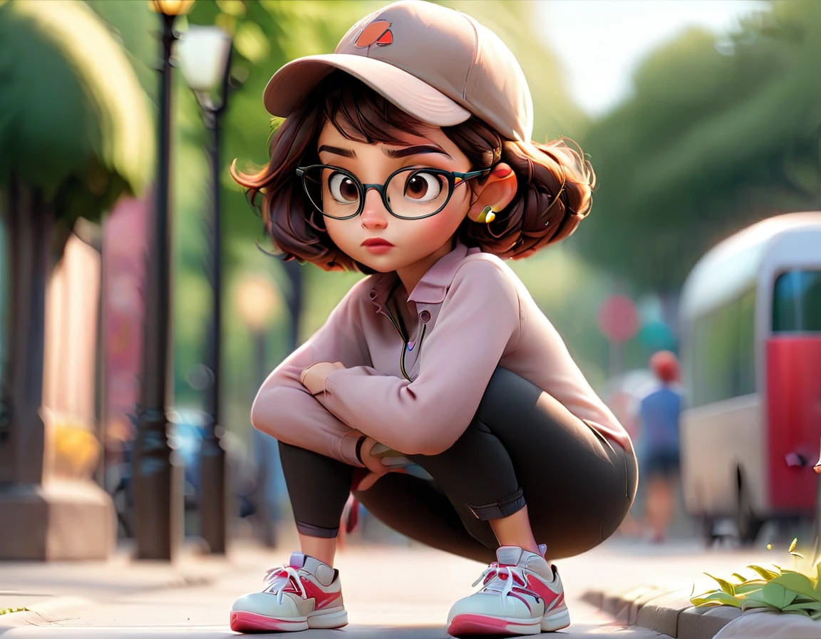 A brunette woman with glasses, short hair and a cap, big breasts, thin waist, wide hips, leggings, sneakers and a blouse, walking on the sidewalk in the park in the morning, in the bright sun