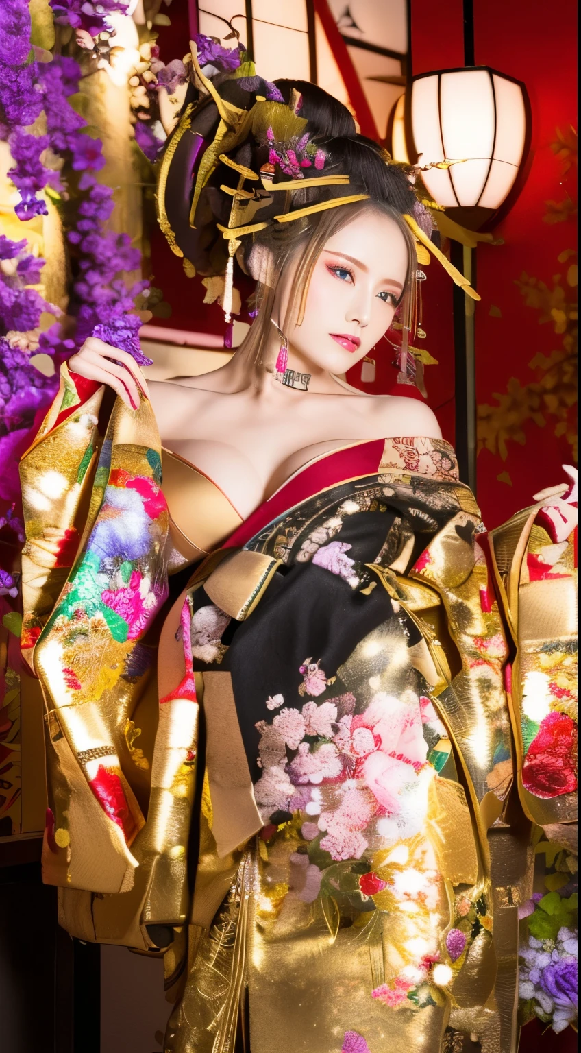((masterpiece(:1.4),Highest quality,Ultra-high resolution,Highest quality,8k,Extremely detailed,In detail))。night,Japanese,(A beautiful woman),glossy,slim,Large Breasts(1.6),sexy,glamorous,((Golden Ratio Style,Perfect Style)),Narrow waist,Flashy gal makeup,Japanese garden,Oiran,Prostitute,Sunny day outfit,Uchikake,Gold brocade,((A gorgeous kimono)),A cutting board belt tied in front,Hair tying,hairpin,hair ornaments,Gorgeous costumes,Beautiful standing posture,Presence,Exude sex appeal,looking at the camera,Show off your style,