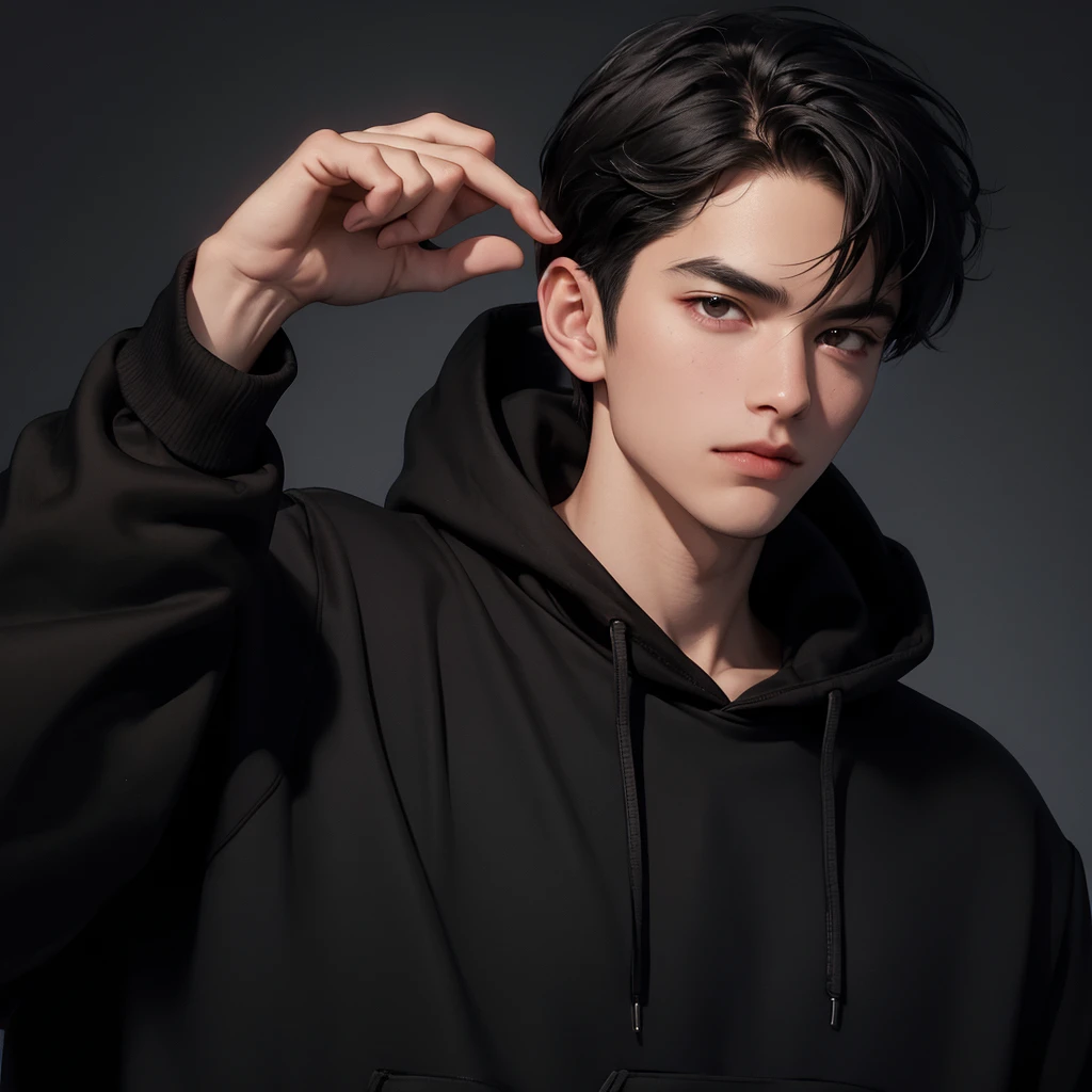 One young man, short black hair, brown eyes, wearing black hoodie, night, absurdres, high res, ultrasharp, 8K, masterpiece, doing gang sign at viewer