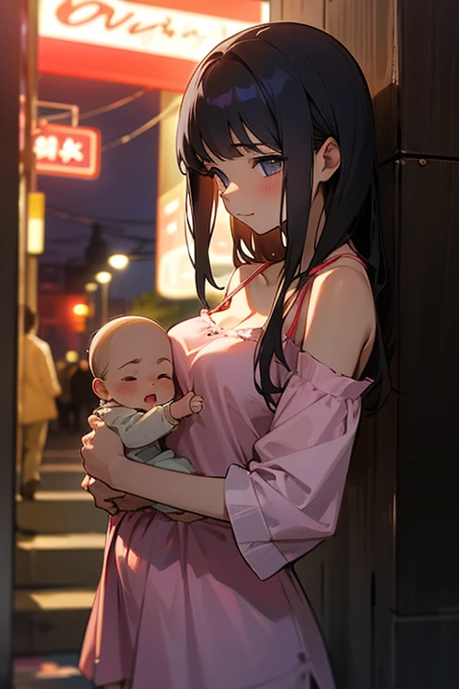 A 18-year-old girl is shy while wearing camisole and ((holding her  girl)),In front of the love hotel at night,