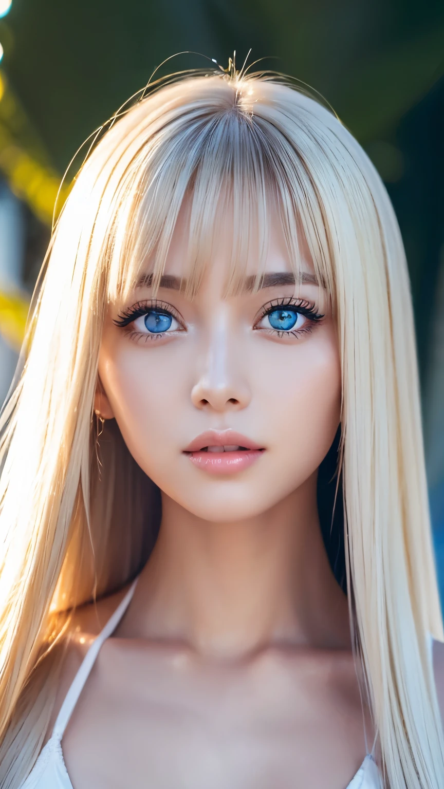 Unparalleled beauty, Glossy, firm and shiny skin, Bangs between the eyes, Beautiful shiny, straight platinum blonde, Super long straight silky hair, eyeliner, sexyで美しい無邪気な20歳, High resolution, Very bright and beautiful large glowing light blue eyes、Very big eyes、Beautiful and lovely girl, ((Huge ))、((erotic、sexy、超High resolution、The lighting is bright、Precise needles without discomfort))、
