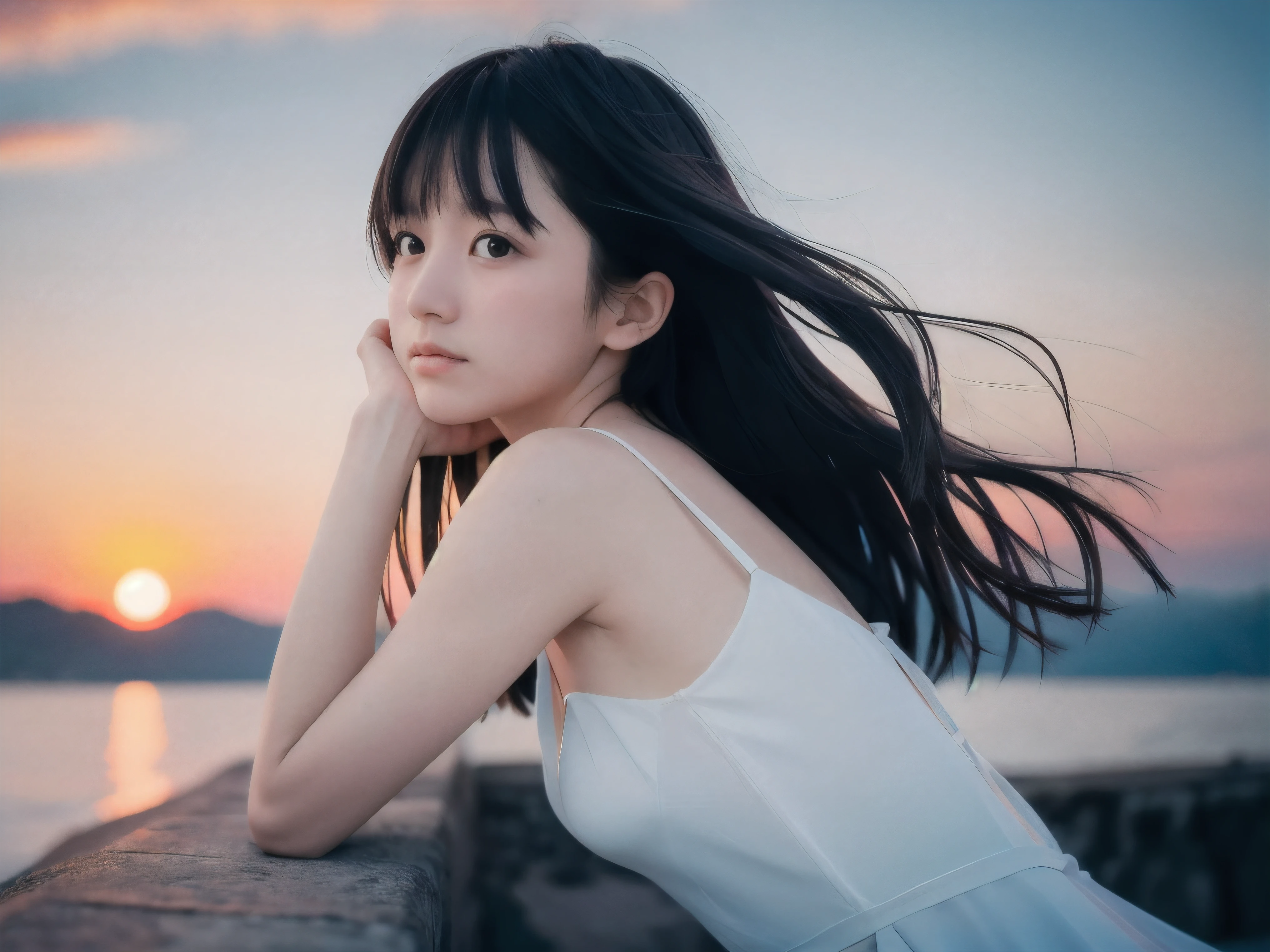 (Close up face shot of slender small-breasted two side up black medium hair with bangs girl wearing a white summer dress:1.5)、(One girl is looking back and crying face with tears at the cape of the sea in Japan:1.5)、(Summer beautiful sunset red sky:1.5)、(blurred background:1.5)、(8k ultra detailed master piece:1.5)、(perfect anatomy:1.5)、(Photorealistic stick:1.5)、(Raw photo:1.3)、(highest quality:1.5)、(High resolution:1.3)、(Delicate and beautiful perfect face:1.3)、(Delicate and beautiful eye air skin:1.3)、(Real Human Skin:1.3)、((thin legs))