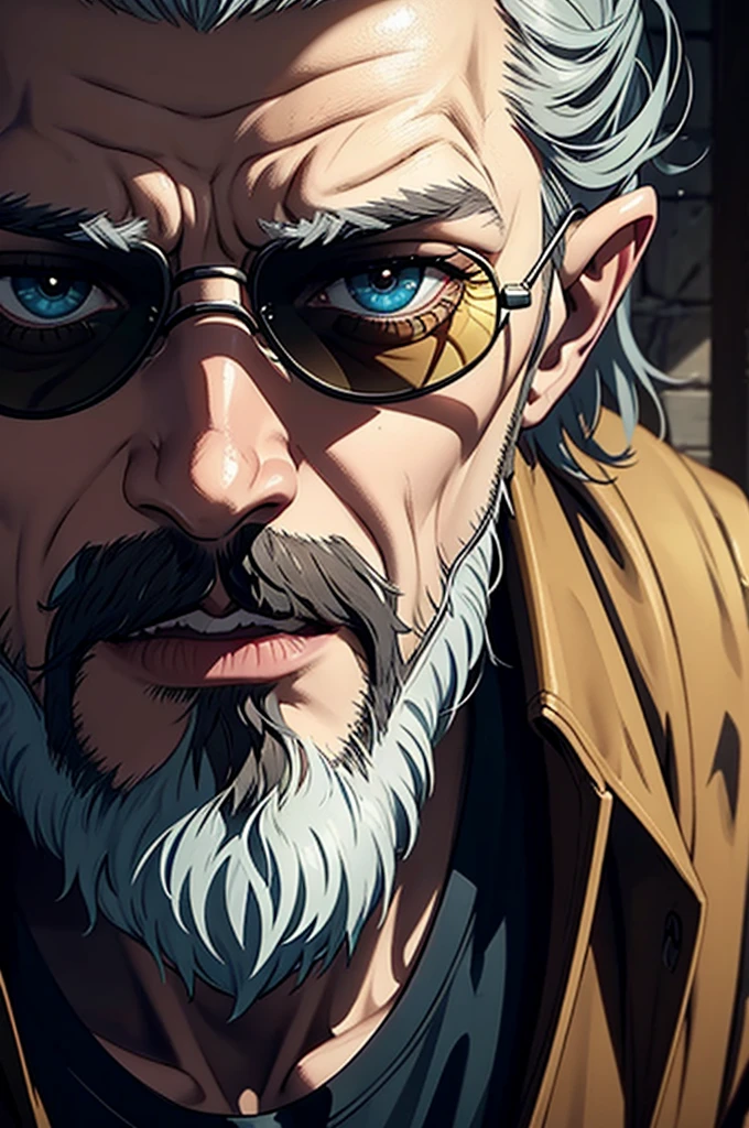 Close-up of a man wearing sunglasses, Looks like Karl Heisenberg, Epic Fantasy D & Good Hobbit Rogue, After the world ends explorer, Nicodemus, middle aged man, After the world ends, To D & letter D, john, wizard, wise, No hats., Dress like a medieval person