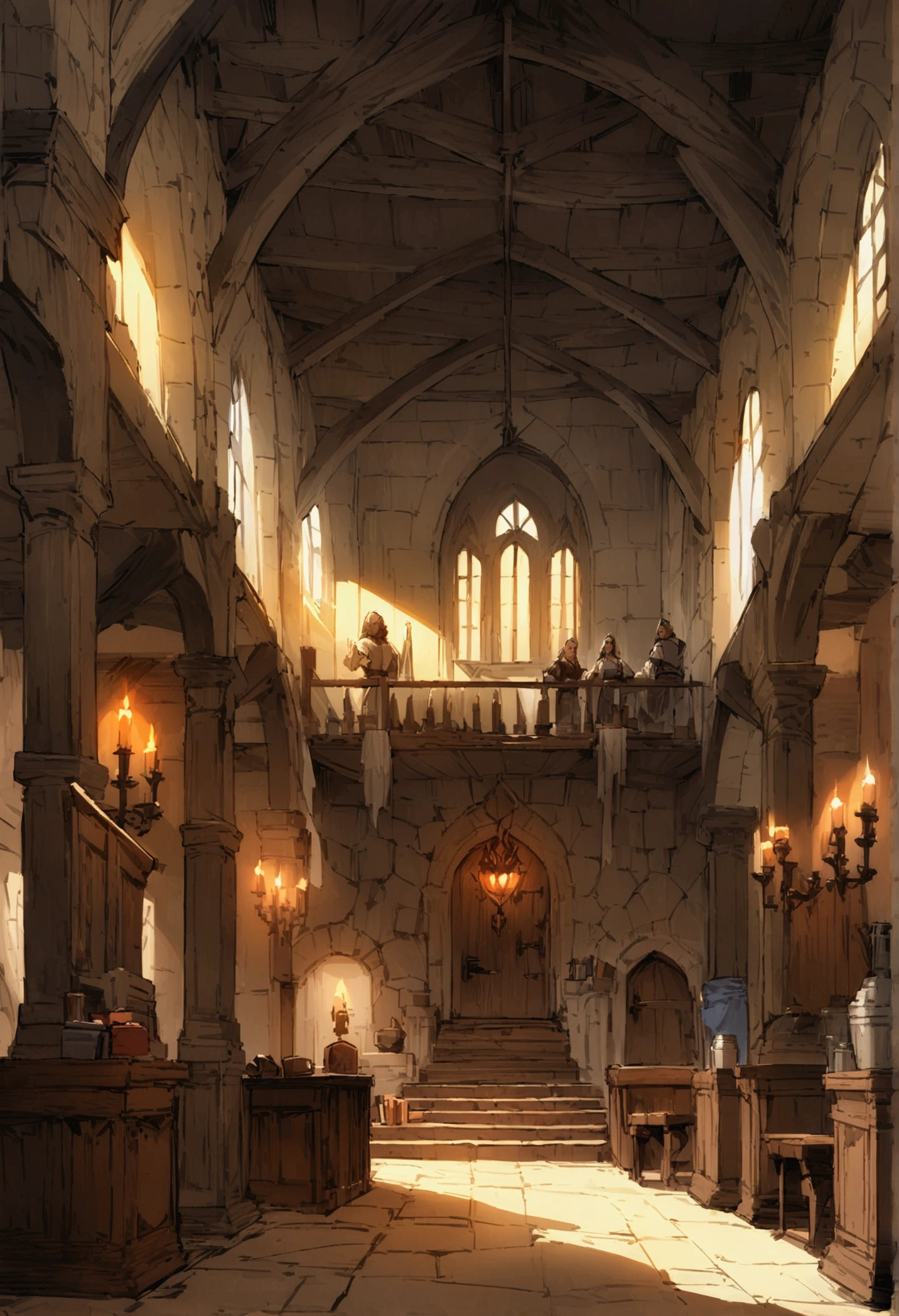 Indoor, fantasy, fantasy medieval, adventurers guild, tavern style, huge hall, medieval wood columns, epic, Bulletin Board on the wall, entrance door in the center, one-point perspective composition, concept art, high-quality illustrations, masterpiece, magic lighting, soft lighting, from the receptionist's point of view, second floor