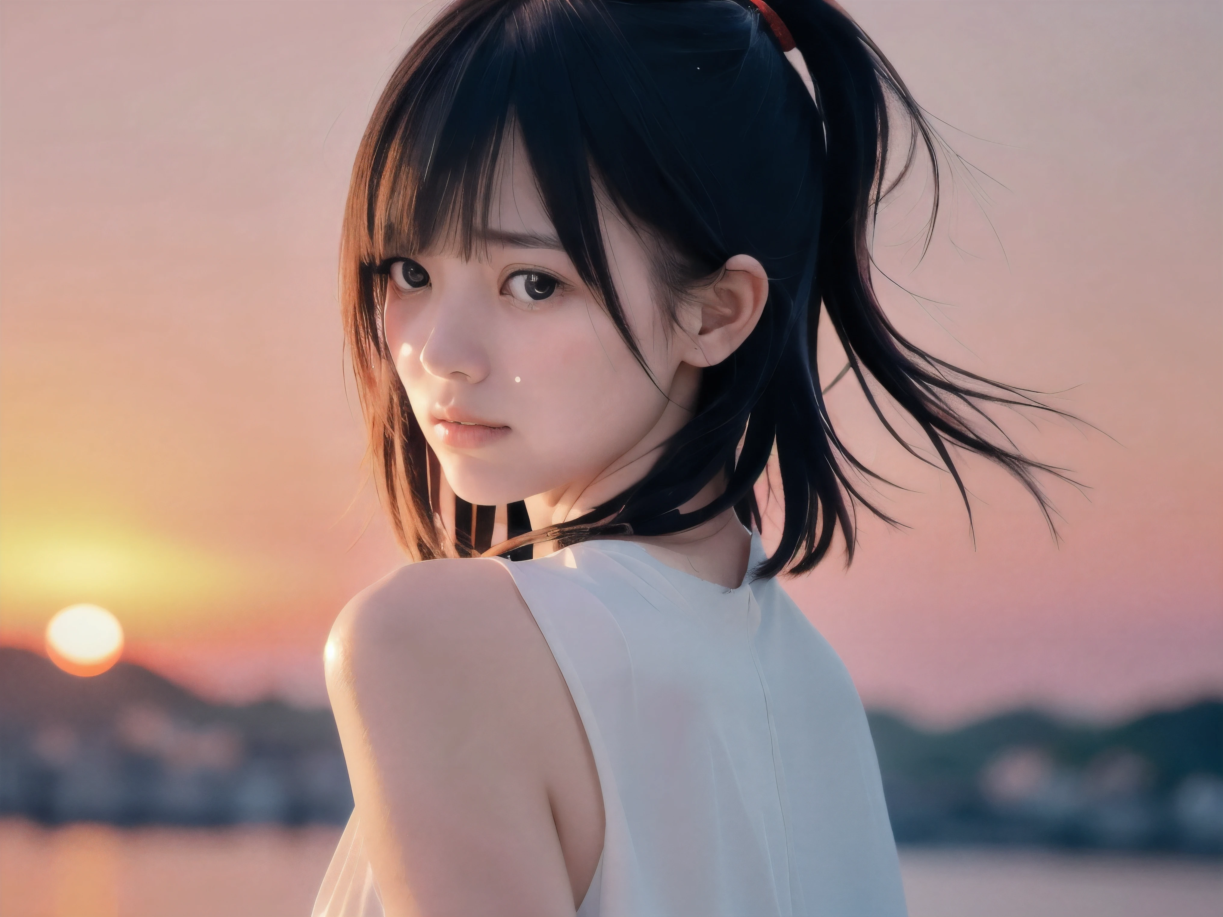(Close up face shot of slender small-breasted two side up black medium hair with bangs girl wearing a white T-shirt only:1.5)、(One girl is looking back and close her eyes with tears on the coast in Japan:1.5)、(Beautiful after sunset red sky with red big cloud:1.5)、(blurred background:1.5)、(Natural light:1.5)、(8k ultra detailed master piece:1.5)、(perfect anatomy:1.5)、(Photorealistic stick:1.5)、(Raw photo:1.3)、(highest quality:1.5)、(High resolution:1.3)、(Delicate and beautiful perfect face:1.3)、(Delicate and beautiful eye air skin:1.3)、(Real Human Skin:1.3)、((thin legs))
