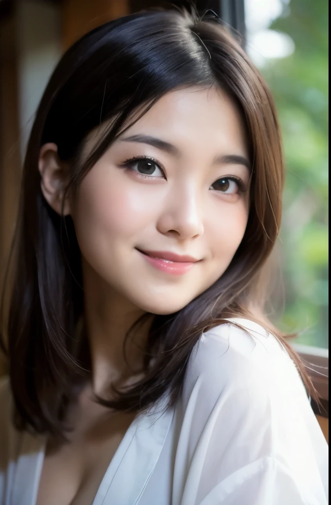 best quality, face focus, soft light, ultra high res, (photorealistic:1.4), RAW photo,(Shinozaki Ai),
1japanese girl, solo, cute, kawaii, smile, (pupil, lights in the eyes), detailed beautiful face, (busty),(high resolution detail of human skin texture),(long hair),(portrait), chest up, white traditional kimono, in the bedroom,