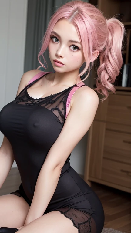 One girl, (Highest quality:1.4), (Very detailed), (Detailed light), (Very detailed美しい顔), Great face and eyes, Pink Hair, Pink Eyes, Beautiful sheer lace detailing, Beautiful breasts,, Very detailed CG 統合 8k 壁紙, High resolution raw color photos, Professional photography, Dynamic Lighting, (((Sweaty 1.5))), Depth of written boundary,