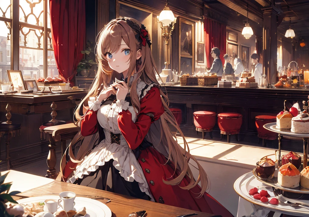 Realistic photos, Focus distance 10mm, Red and white, Beautiful girl, Realistic photos, Shooting at focus distance 10mm, masterpiece, 最high quality, high quality, Very detailed CG 8k wallpaper unit, Award-winning photography, Depth of written boundary, High resolution, bloom, chromatic aberration, Realistic, Very detailed, Art Station Trends, CGsociety Trends, Complex, High detail, dramatic, Art on the go, volumetric lighting, Dessert A beautiful girl in a pretty dress is enjoying a luscious dessert. The background is the warm atmosphere of a high-end restaurant and a gorgeous dessert plate. The girl has long chestnut hair and big blue eyes