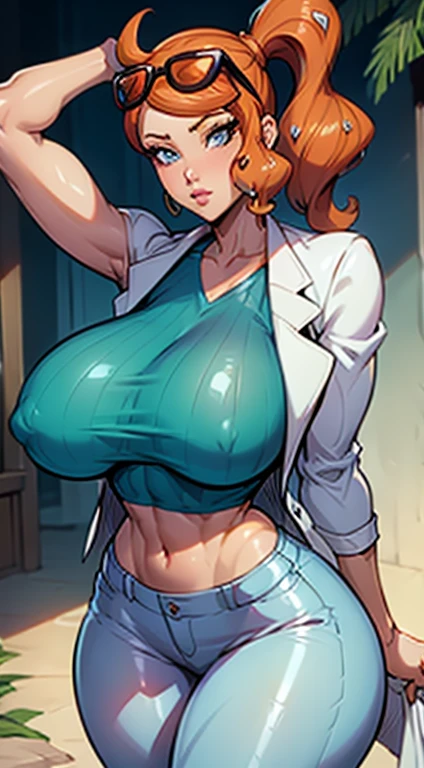 a close up of a cartoon of a woman with large breasts, sexy body, Sonia from pokemon, cutesexyrobutts, artgerm and lois van baarle, style artgerm, high quality fanart, unparalleled masterpiece, crop top, tight pants, lab coat, arms behind head, ultra realistic 8k CG, perfect artwork, (1girl:1.1), solo, ((perfect female figure)), looking at viewer, (teasing), best quality:1.1 , seductive posture, sexy pose, alluring, (beautiful), earrings, jewelry, slender body:1.2, (shiny skin:1.2), (hdr), (tropical paradise:1.2), rich colors, lifelike texture, dramatic lighting, unreal engine, trending on ArtStation