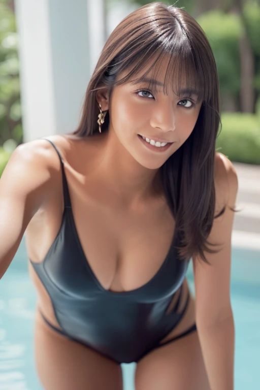 gorgeous woman, 1 girl, white onepiece swimsuit:1.2, skinny, healthy, perfect body:1.2, abs:1.1,  Gold hair:1.400, Rain Wet, wet body:1.2, night pool room:1.6, ultra-detailed face, detailed lips, detailed eyes, double eyelids, pubic hair, black skin, trimmed bangs, shy smile, (best quality,8k,masterpiece:1.3)  Frontal and full-body shot Pussy line 開脚