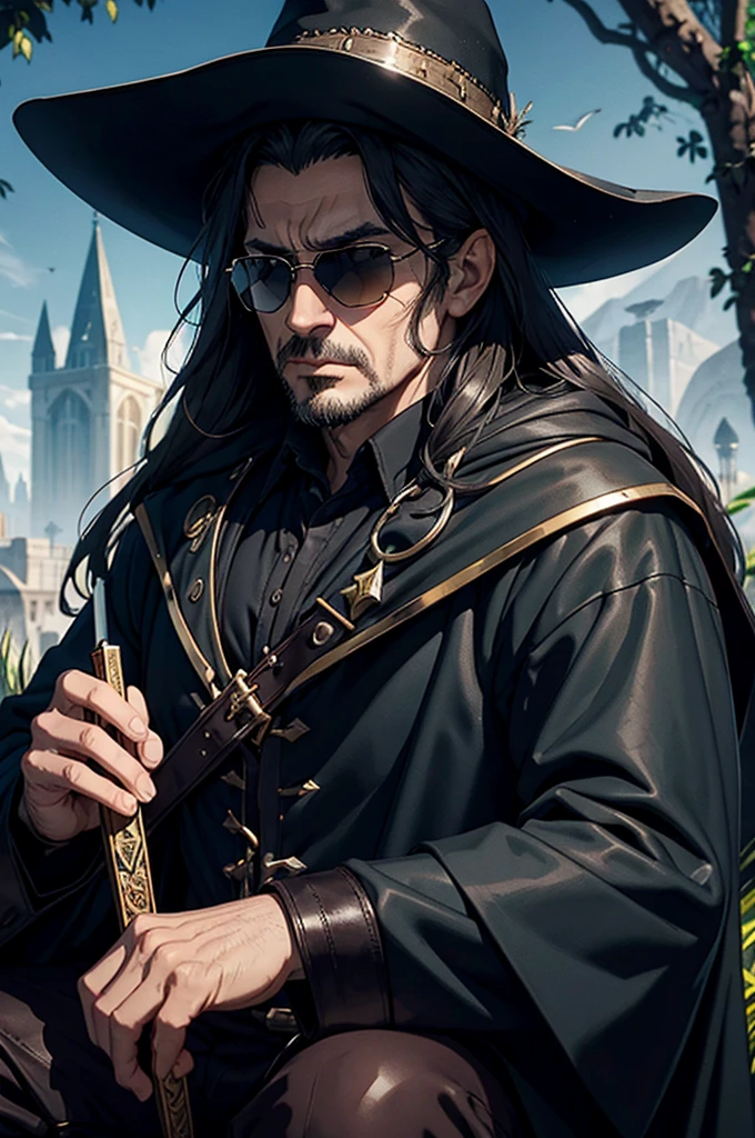 Close-up of a man wearing black sunglasses, Like Solomon Kane, Epic Fantasy D & Good Hobbit Rogue, After the world ends explorer, Nicodemus, middle aged man, After the world ends, To D & letter D, john, wizard, wise, No hats., Dress like a medieval person