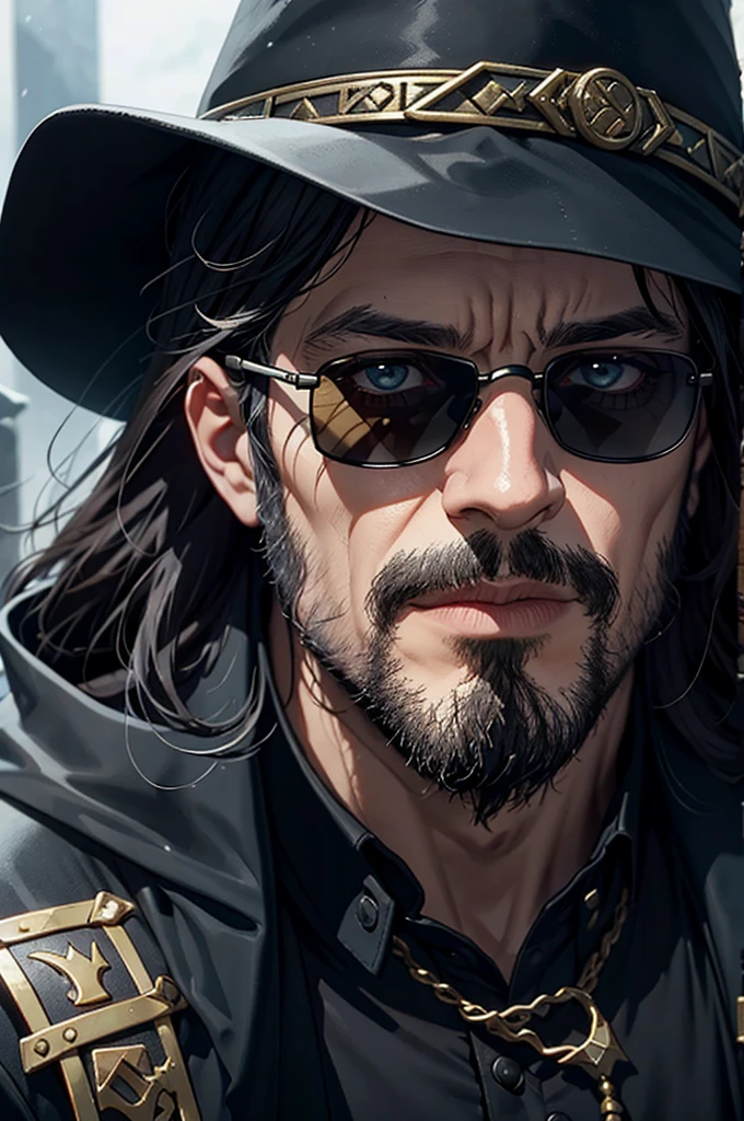 Close-up of a man wearing black sunglasses, Like Solomon Kane, Epic Fantasy D & Good Hobbit Rogue, After the world ends explorer, Nicodemus, middle aged man, After the world ends, To D & letter D, john, wizard, wise, No hats., Dress like a medieval person