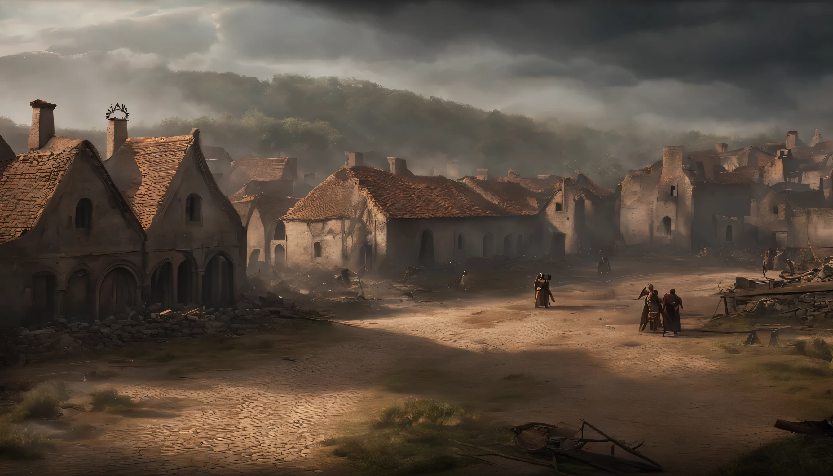 The heart of the medieval town is now a scene of utter devastation. Corpses lie in the open, some still clutching weapons, others huddled together as if seeking protection in their final moments. Rebel soldiers, driven by a dark, savage glee, commit unspeakable acts of violence against the women they have captured. The women's screams pierce the night, mingling with the sobs of children and the shouts of fleeing villagers. Flames consume what remains of homes and shops, casting long shadows over the scene of despair and agony. The sky, once clear, is now choked with smoke, reflecting the hellish reality below."sexy