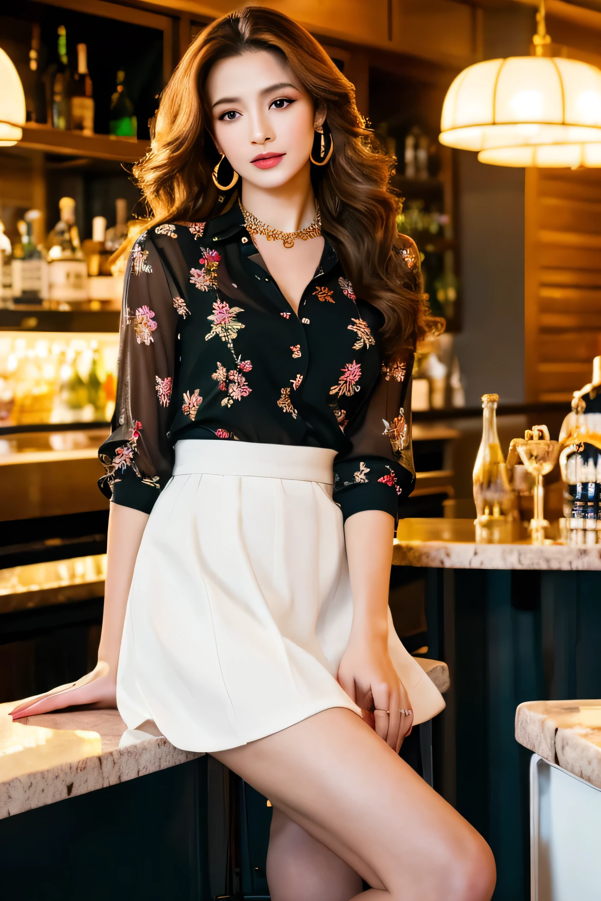Highest quality,masterpiece,Ultra-high resolution,(Actual:1.4),Original photo,Ultra-high resolution,8k,There are women,Fair skin,Exquisite makeup,High heels,Long legs,Bright and beautiful woman、gold necklace_Large earrings、Super long brown hair,Hair with loose waves inside,reaching down to the waist,wearing Floral blouse with ribbon tie_long see-through sleeves,white flared mini skirt,Sits on a bar chair by the counter in a seductive pose in a stylish bar at night