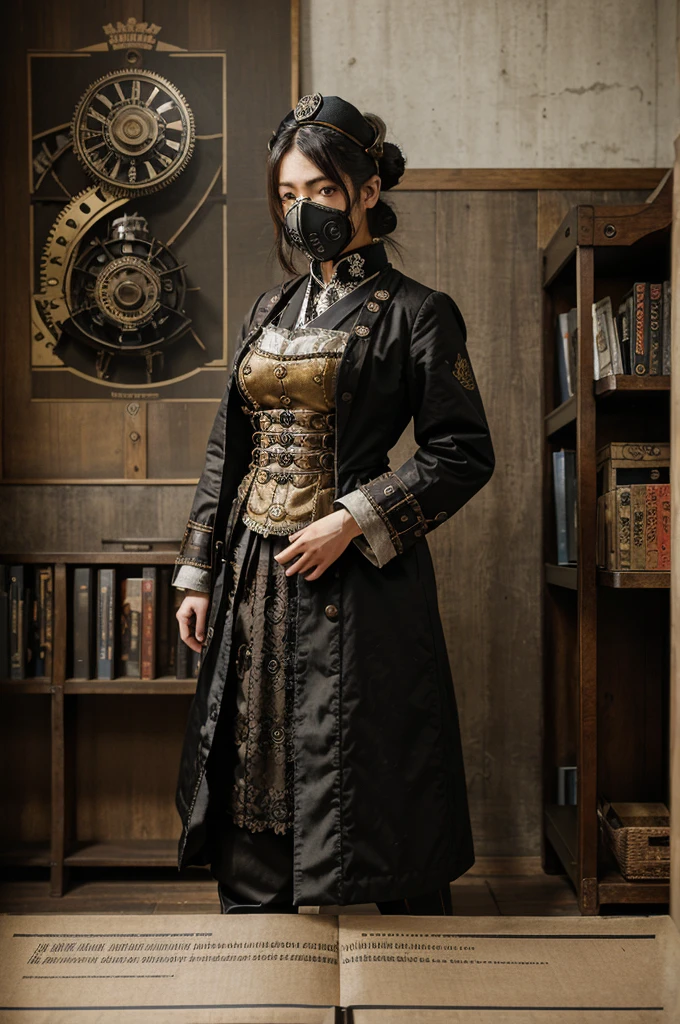 Full page text, magazines, lines pointing to clothes and gas masks, details of characters from Japanese steampunk films, lots of details, graphics, traditional Japanese elements, gears, clockwork, steam powered machines, Victorian inspired fashion with Japanese touch, with the words "bojes sambas"
A full page of text, magazines, lines