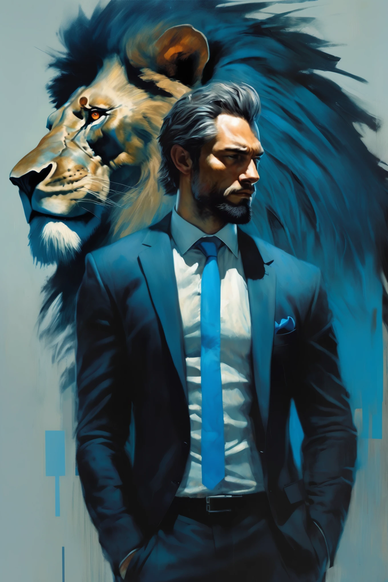 Sam Spratt Style – The man is beautiful and the lion is super realistic. He wears a black suit and a blue tie, and the lion leans sideways behind the character