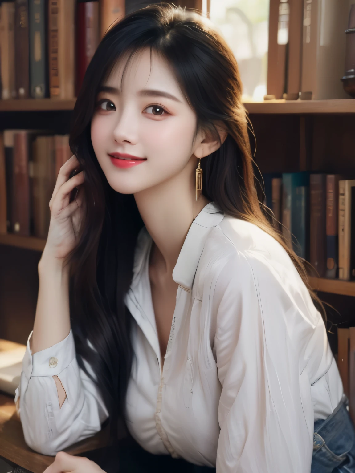 ((photorealistic:1.3)),((ultra detailed)),((sharp:1.5)),(portrait),(grin),1woman,28yo, solo, black hair, long hair, original, realistic, looking at viewer, upper body, shirt, white shirt,lips, brown hair, parted lips, photo-referenced, real life, simple background, no makeup, pink lips, blue background, grey background, looking to the side, lipstick, dress,shadow, parted bangs.((8K)),((upper body)),((slender)),wearing white blausem, in a library,
