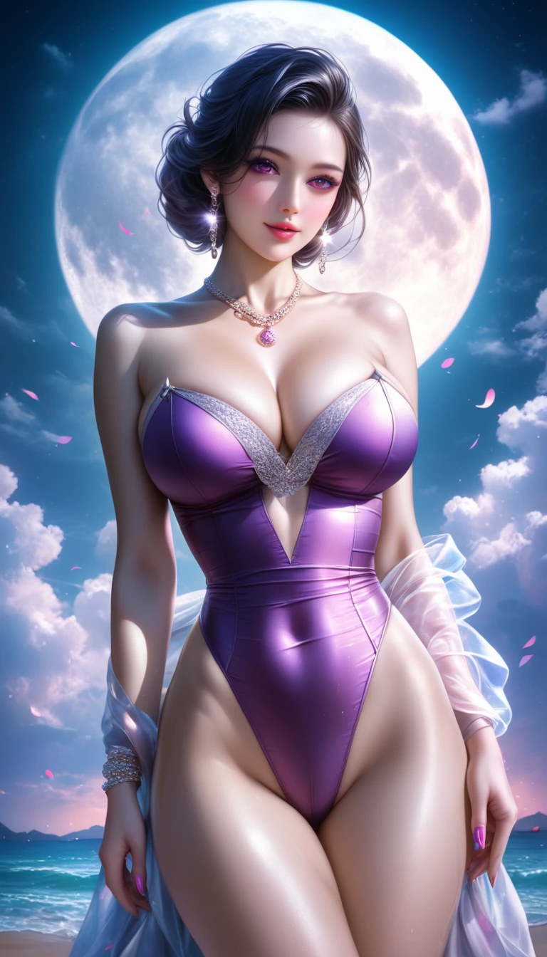 score_9, score_8_superior, score_7_superior, A masterpiece in 32K resolution,Highest quality,it is really amazing,Very detailed,Ultra-high resolution,(Ultra-realistic:1.2),(Realistic:1.2),Increased depth of field,Cinematic lighting,
Elegant Japanese MILF,
Long black hair,Ultra-detailed and beautiful face,Translucent white skin,Realistic skin texture,
(Sexy Swimwear:1.1),
Bold design,Artistic design,Beautiful and detailed pattern,Detailed fabric texture,
Gorgeous necklace,Earrings,
Coastline at night,(Giant Moon:1.4),(Dark clouds floating in the dark night sky:1.4),
(Cinematic Angle:1.4),