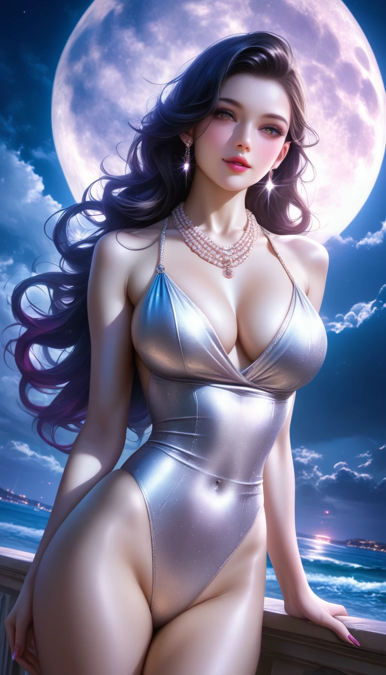 score_9, score_8_superior, score_7_superior, A masterpiece in 32K resolution,Highest quality,it is really amazing,Very detailed,Ultra-high resolution,(Ultra-realistic:1.1),(Realistic:1.1),Increased depth of field,Cinematic lighting,
Elegant Japanese MILF,
Long black hair,Ultra-detailed and beautiful face,Translucent white skin,Realistic skin texture,
(Sexy Swimwear:1.1),
Bold design,Artistic design,Beautiful and detailed pattern,Detailed fabric texture,
Gorgeous necklace,Earrings,
Coastline at night,(Giant Moon:1.4),(Dark clouds floating in the dark night sky:1.4),
(Cinematic Angle:1.1),