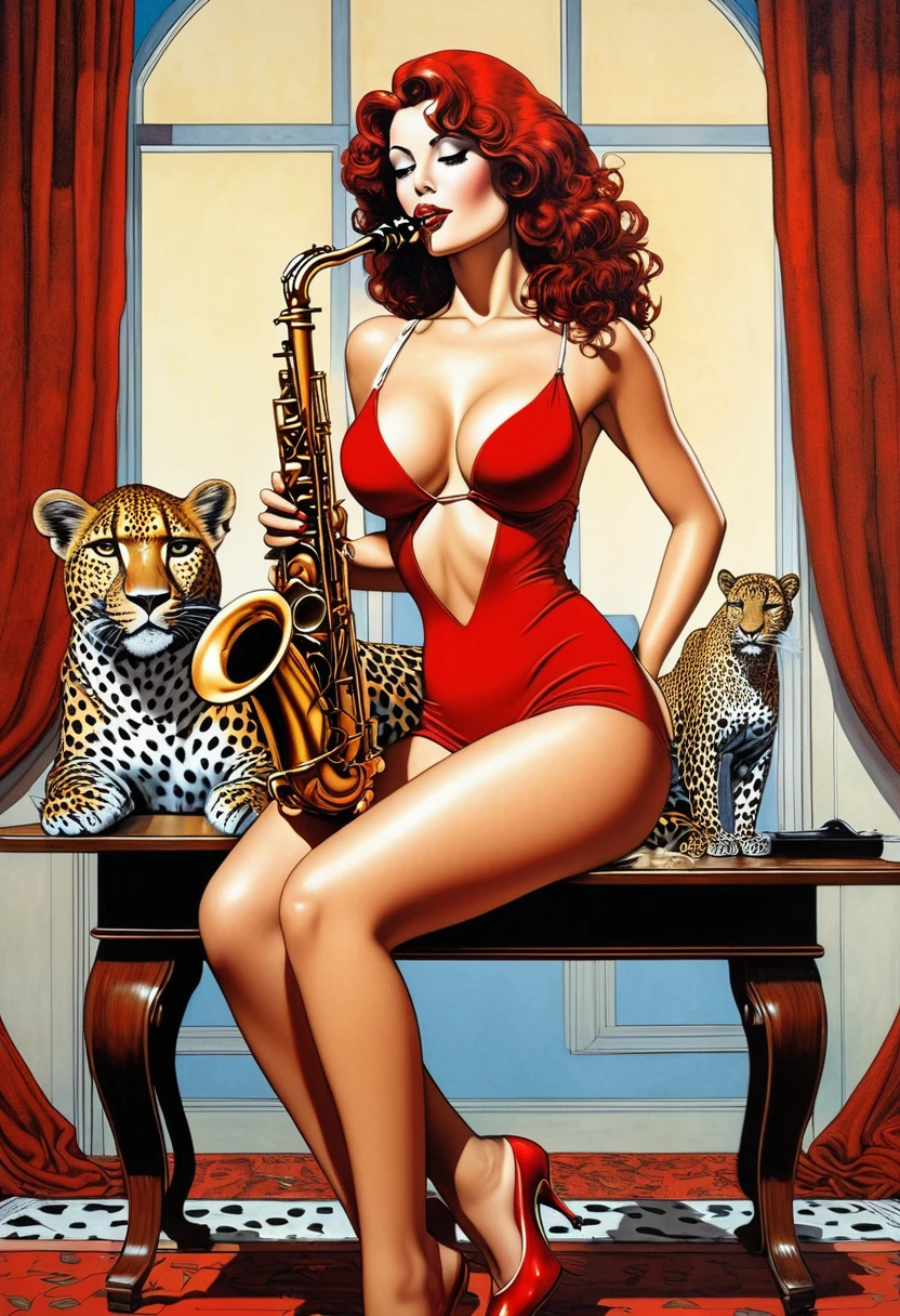 arafed woman sitting on a table with a saxophone and a leopard, milo manara, inspired by Apollonia Saintclair, giantess art, milo manara style, milo manara - h 1 2 0 0, by Rob Alexander, inspired by Greg Hildebrandt, by Hans Erni, inspired by Mark Brooks, pinup art, red haired goddess