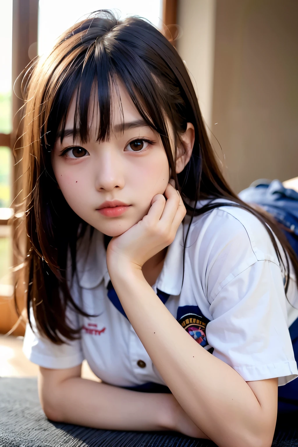 Highest quality, masterpiece, 1 girl, 12~14 years old, Beautiful Face, Realistic, Soft lighting, Bokeh,Student Uniform,sexy ,Lying down