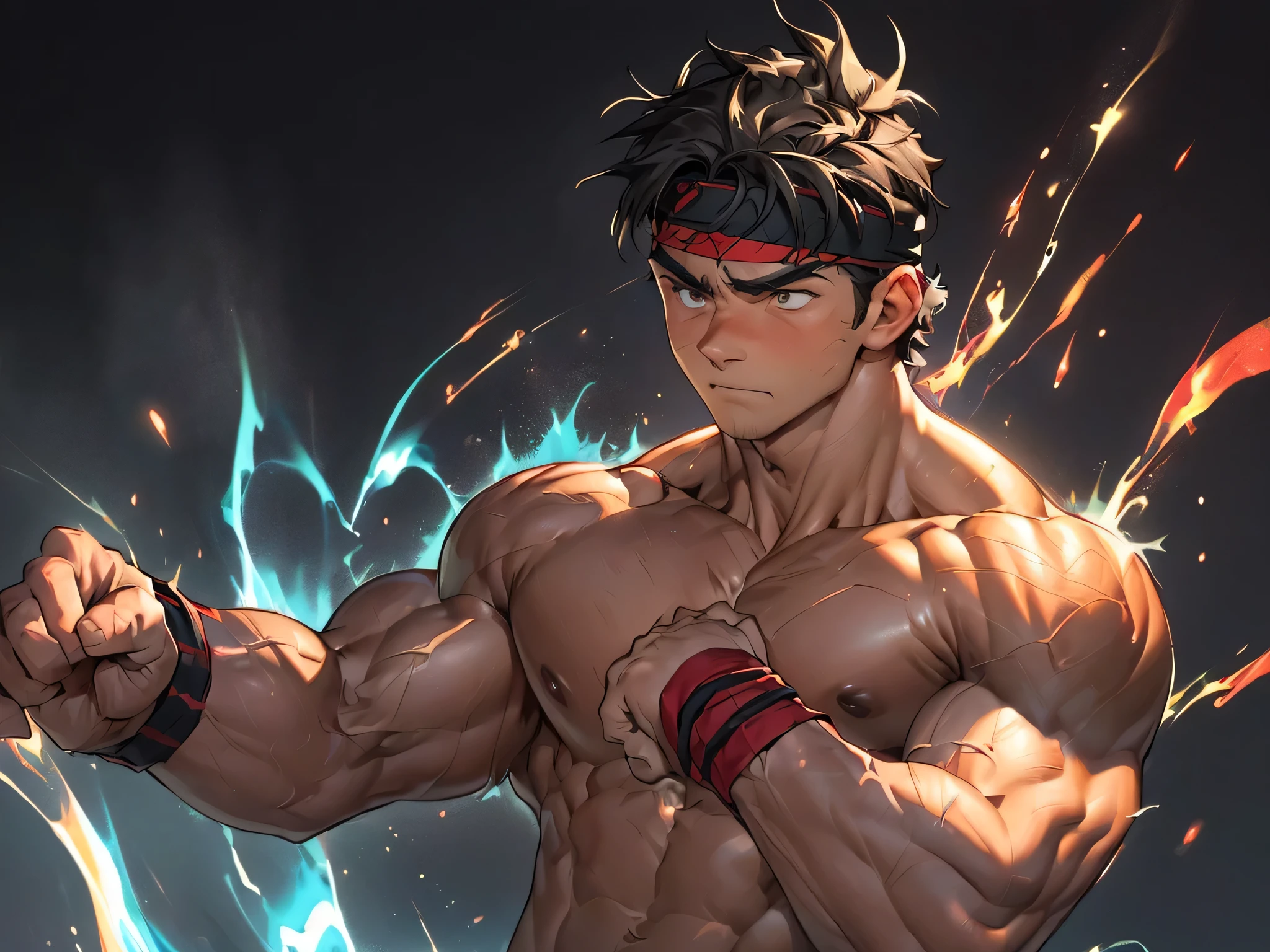 ((masterpiece, best quality)), (((((1boy, solo, black background, deep night, male focus, upper body))))), (19 year old boy, worm eyes, Young boy, muscler, Shirtless, topless), ((((flesh, tough, reliable, developed body)))), (black Short straight hair, ((almost completely shaved hair)), under cut, brown eyes), (((red headband, black wristband))), Vivid colors, ((muscular muscular body, imposing body, Imposing appearance, muscular arms, trapezoid torso, sturdy body, muscular body, defined round and fleshy pecs, defined washboard ABS, defined armsmuscular)), muscler!, muscler body, detailed face, detailed muscle, (((rippling muscles, Flowing his energy, giving off an aura of holy power, his energy waves, and wind to emphasize the power of his magic. Highlight his aura, holy aura effect, energy stream, fight, conbats, cool, action, fighting pose)))