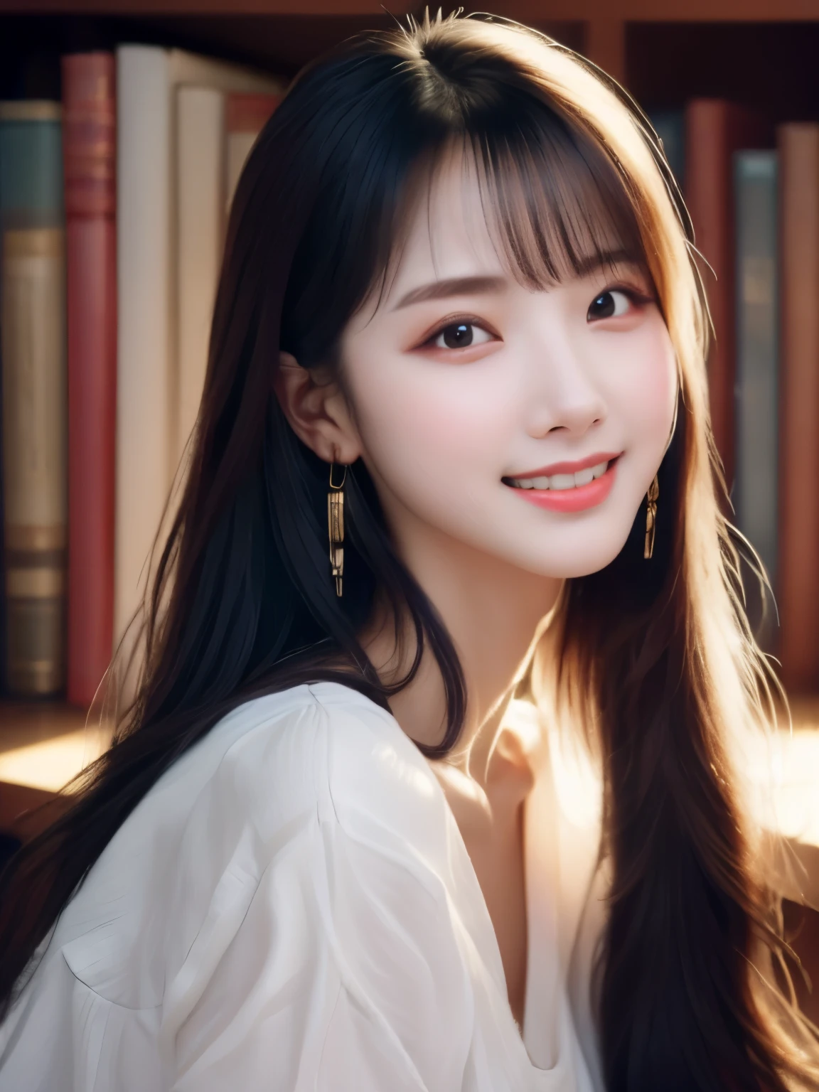 ((photorealistic:1.3)),((ultra detailed)),((sharp:1.5)),(portrait),(grin),1woman,28yo, solo, black hair, long hair, original, realistic, looking at viewer, upper body, shirt, white shirt,lips, brown hair, parted lips, photo-referenced, real life, simple background, no makeup, pink lips, blue background, grey background, looking to the side, lipstick, dress,shadow, parted bangs.((8K)),((upper body)),((slender)),wearing white blausem, in a library,