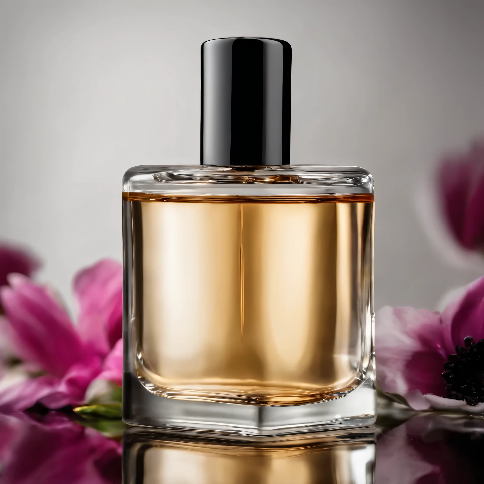 Create a perfume bottle image, black cap , white transparent bottle, professional product photo, High quality images